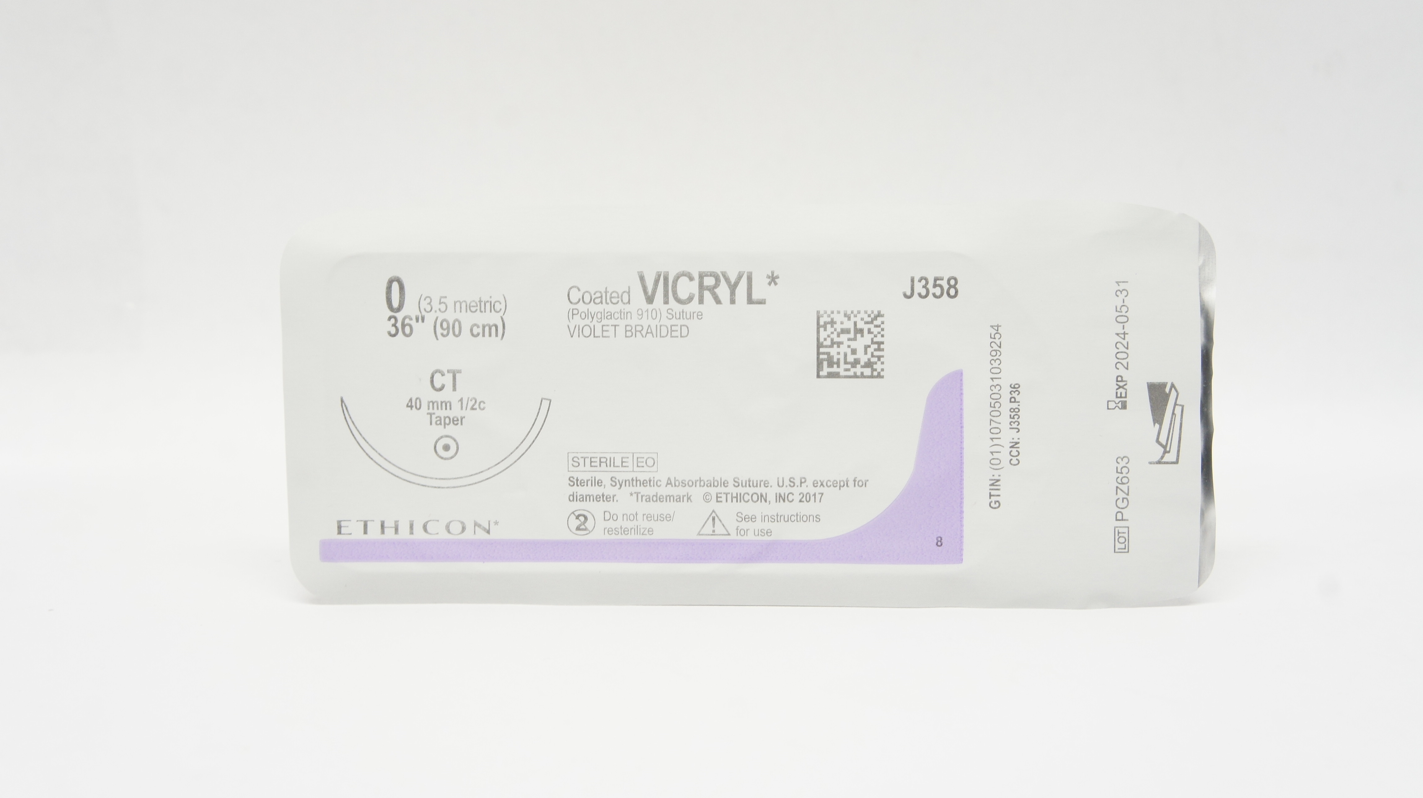 Ethicon J358 0 VICRYL CT 40mm 1/2c Taper 36inch