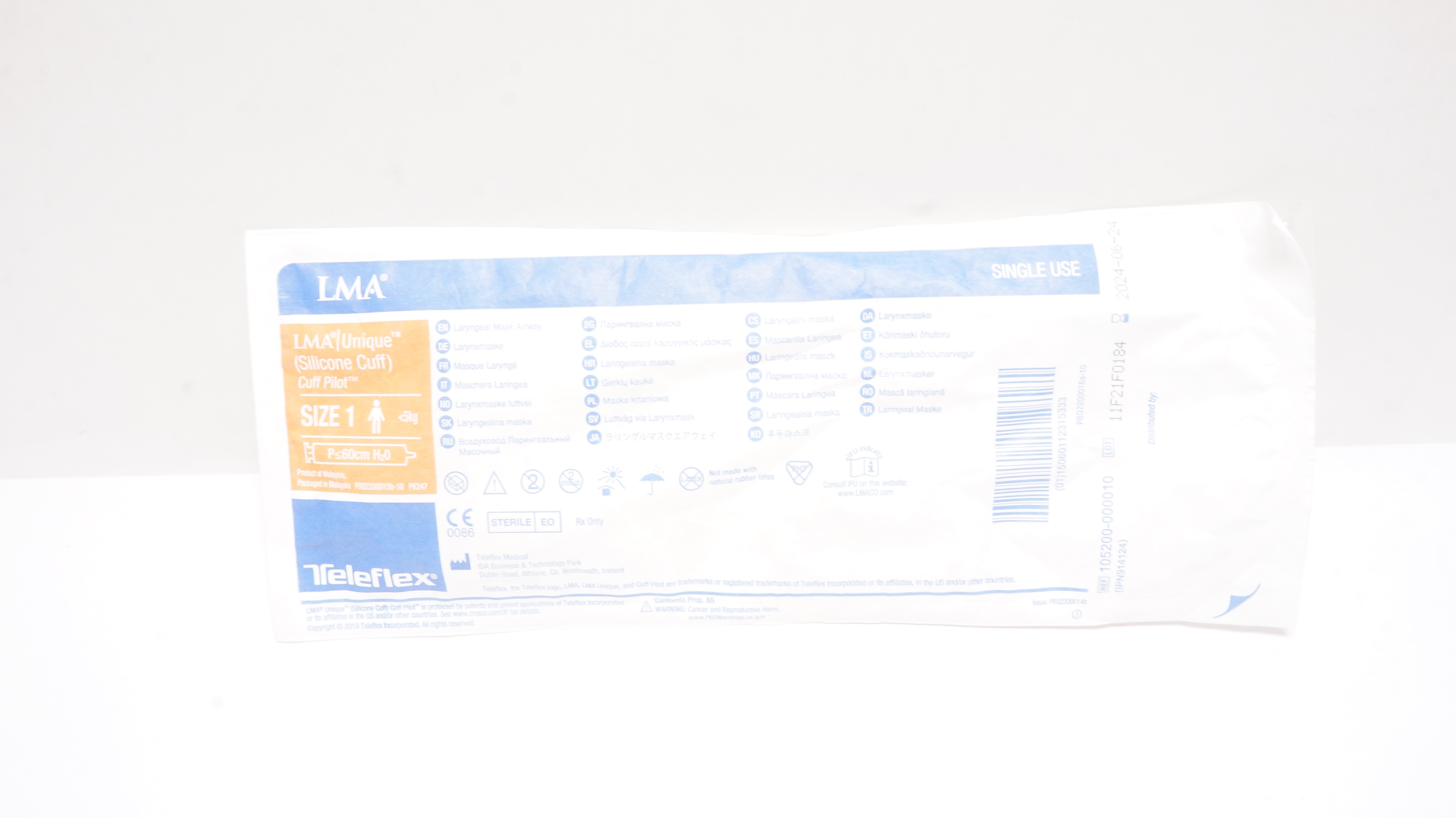 Teleflex 105200-000010 LMA Unique Cuff Pilot Laryngeal Mask Airway, Size 1, <5kg