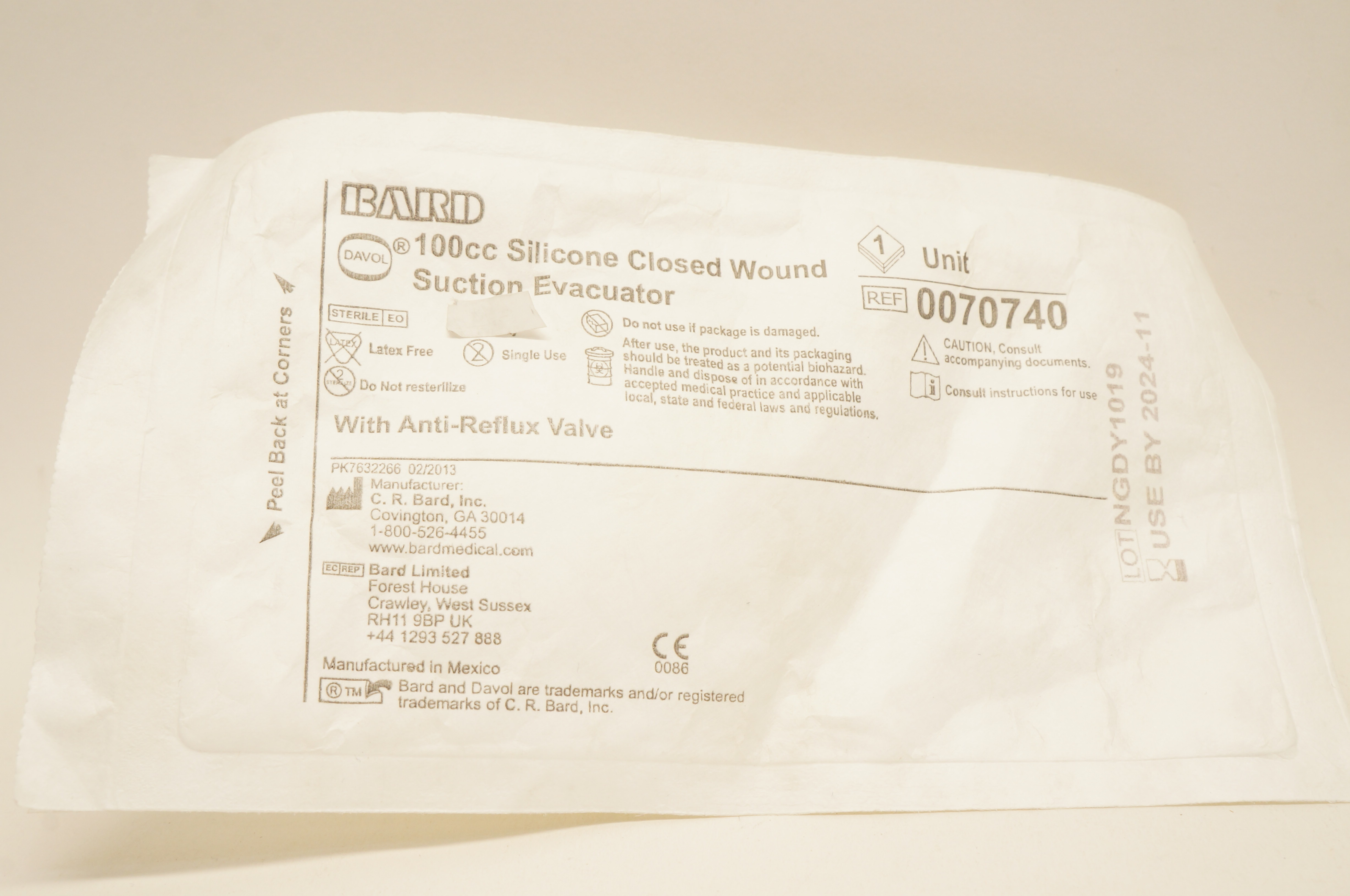 Bard 0070740 Davol Silicone Closed Wound Suction Evacuator 100cc