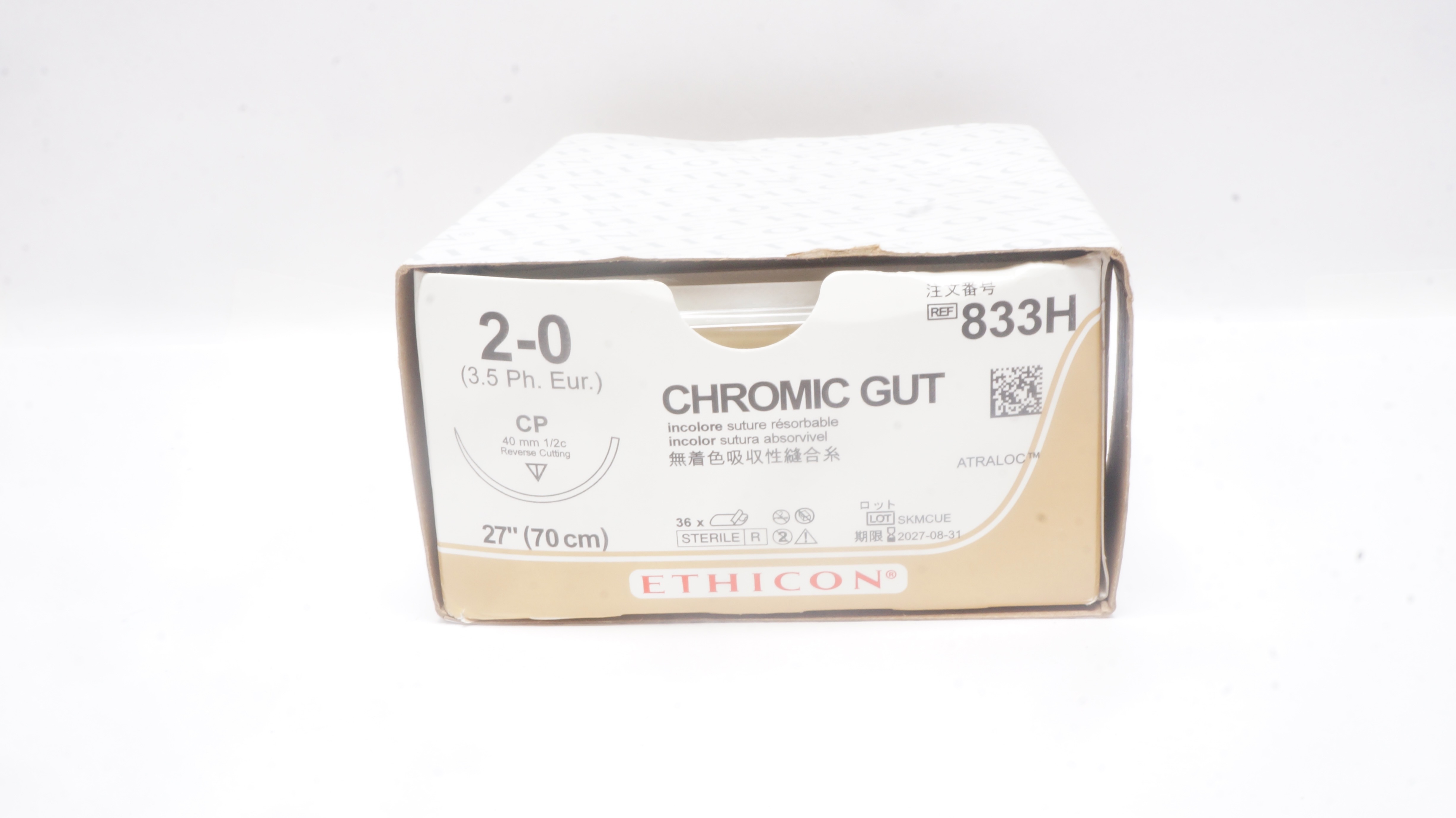 Ethicon 833H 2-0 Chromic Gut, CP, 40mm 1/2c Reverse Cutting, 27inch - Box of 36