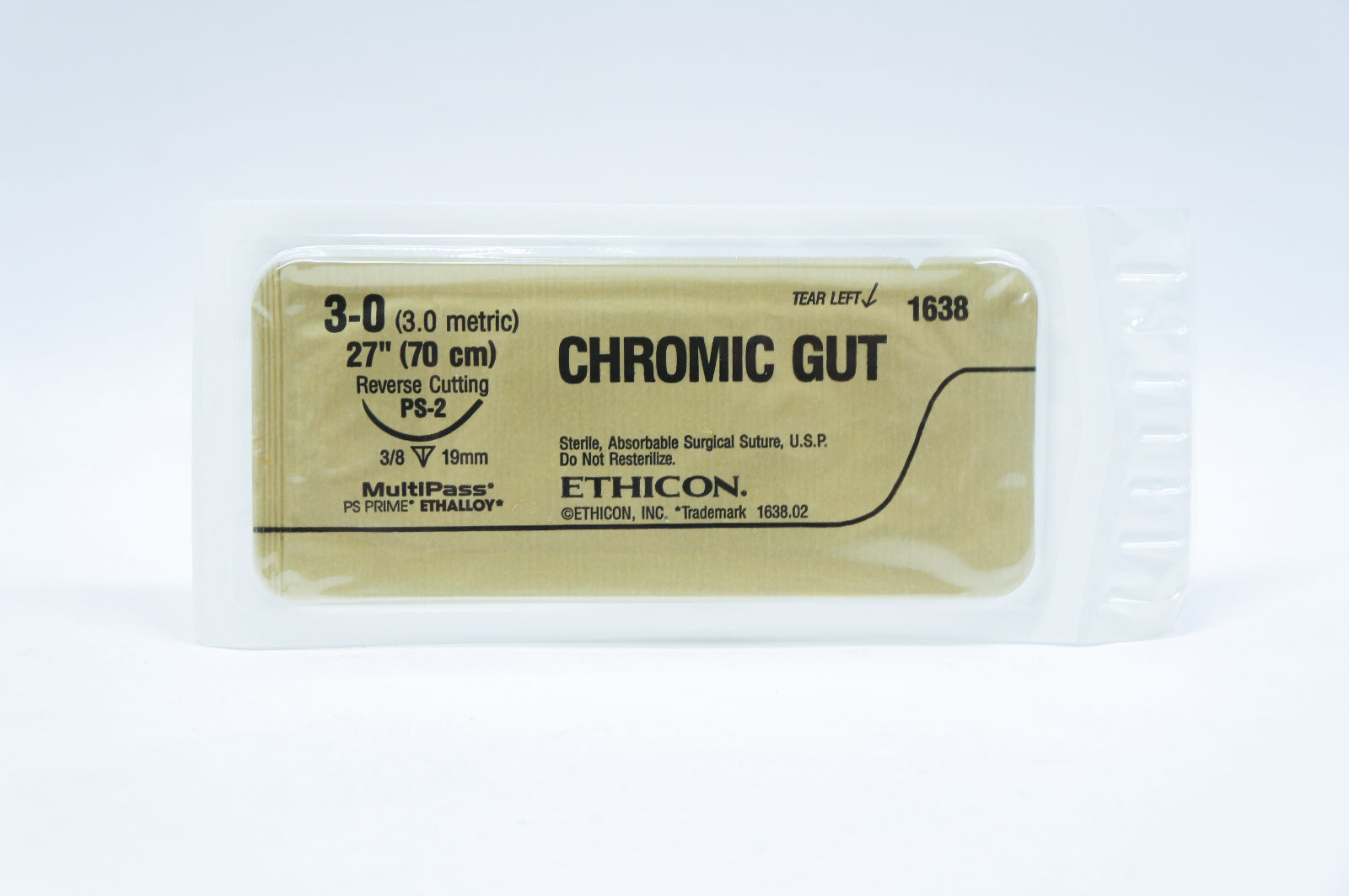 Ethicon 1638 3-0 CHROMIC GUT, PS-2, 3/8 19mm, 27inch (x) - Lot of 36