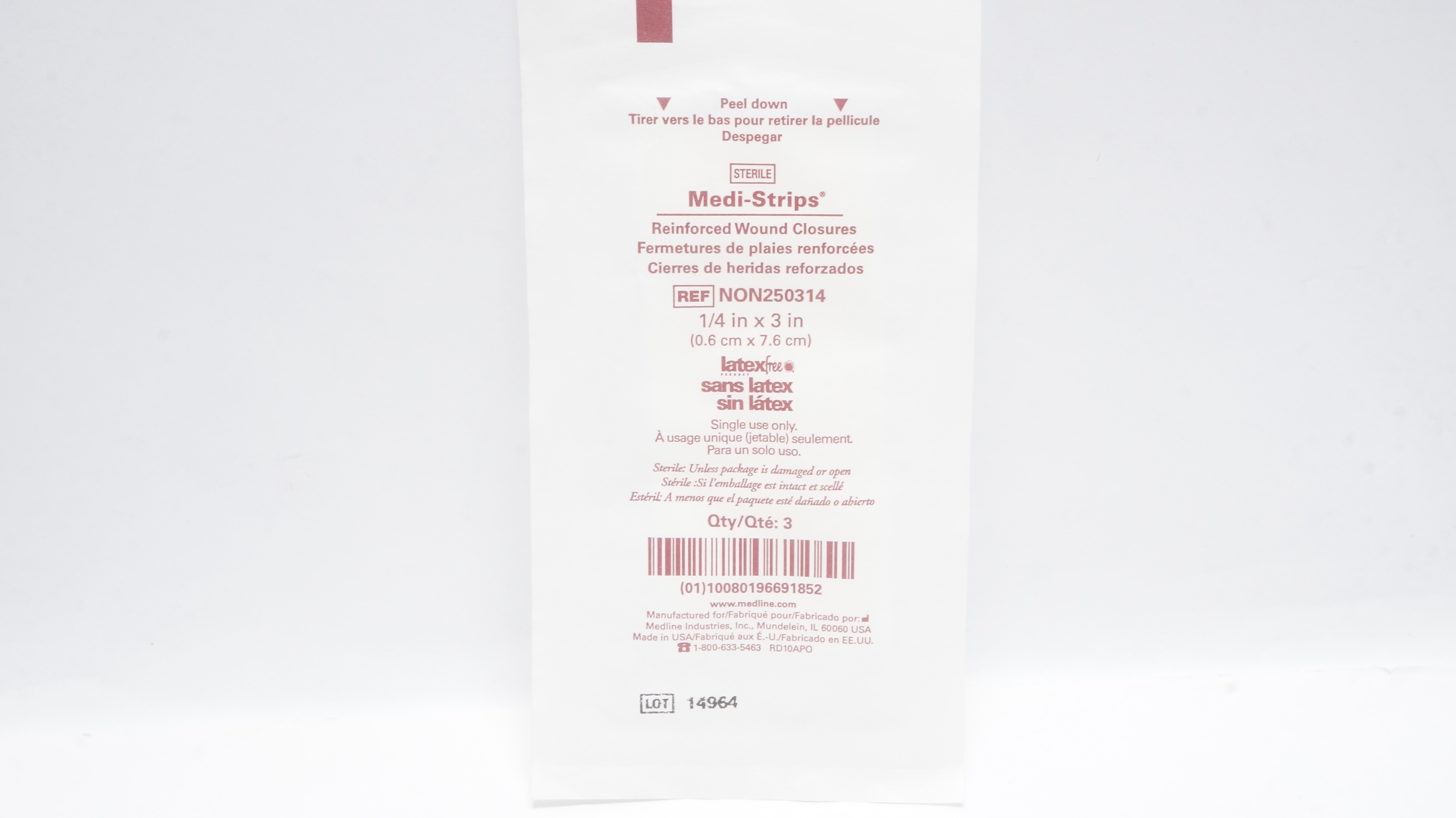 Medline NON250314 Medi-Strips Reinforced Wound Closures 1/4 x 3inch - Pack of 3