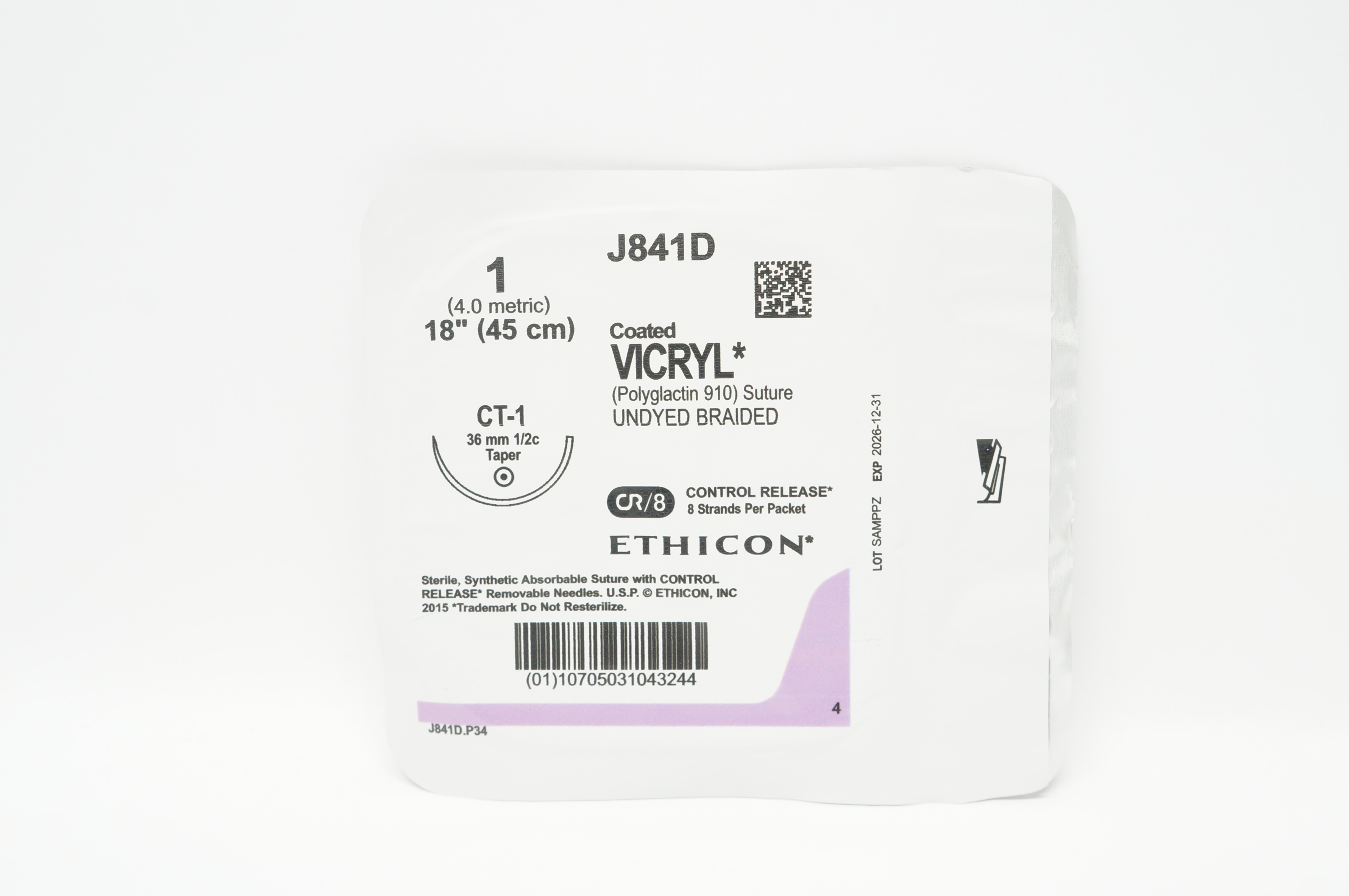 Ethicon J841D 1 Coated VICRYL Polyglactin Stre CT-1 36mm 1/2c Taper 18inch