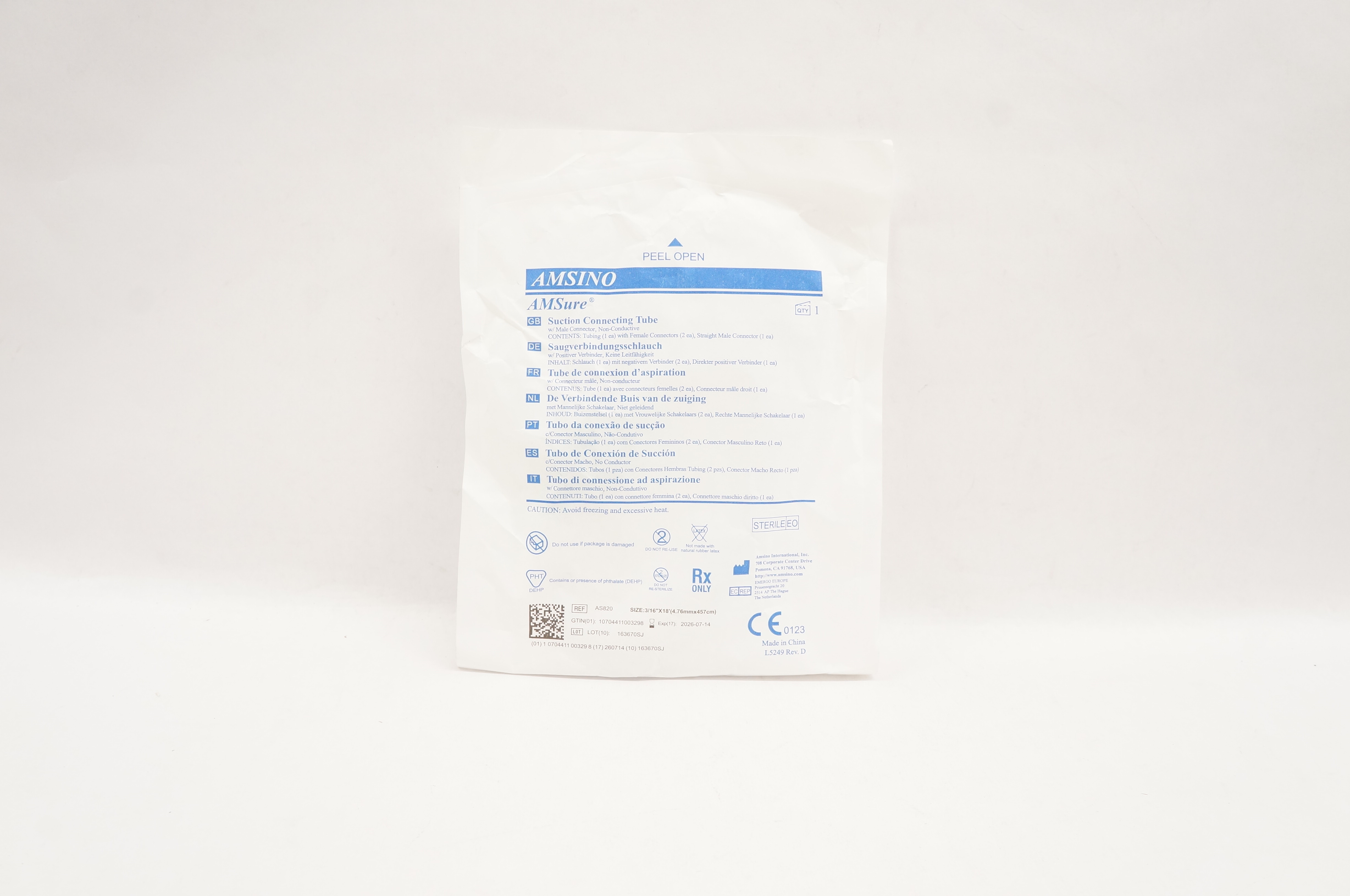 Amsino AS820 AMSure Suction Connecting Tube 3/16inch x 18inch