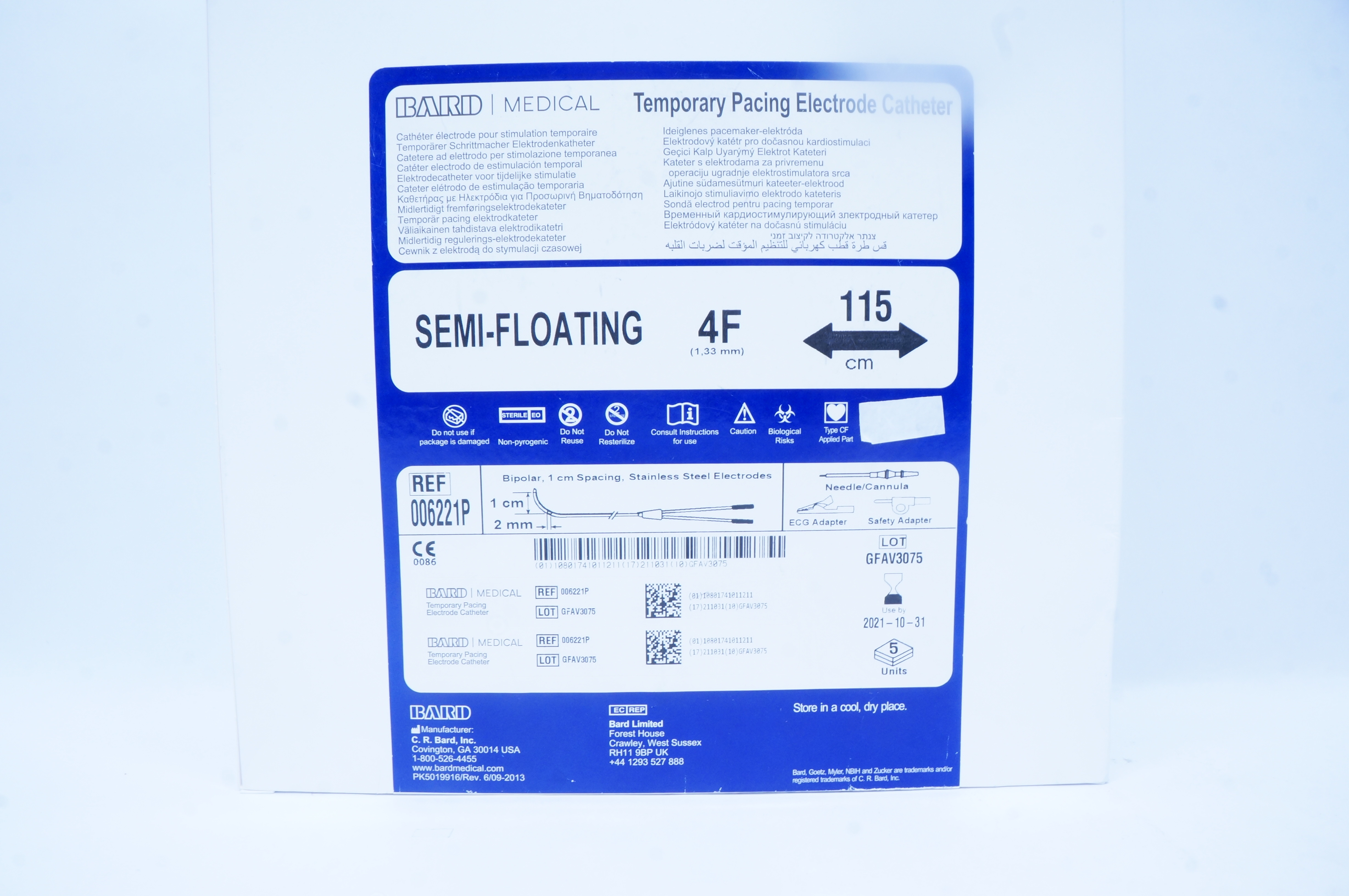 Bard 006221P Temporary Pacing Electrode Cath. 4F x 115cm - Box of 5