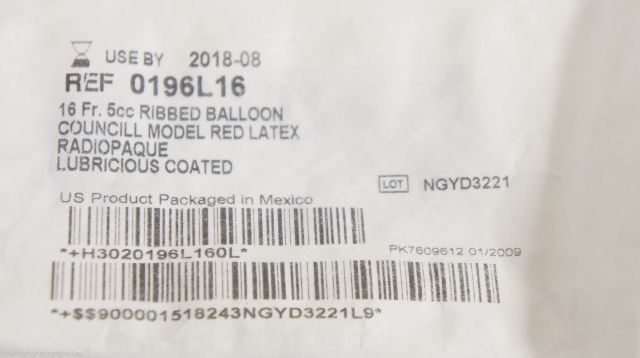 Bard 0196L16 Bardex Foley Cath 16Fr 5cc Ribbed Balloon Councill Model Red Latex