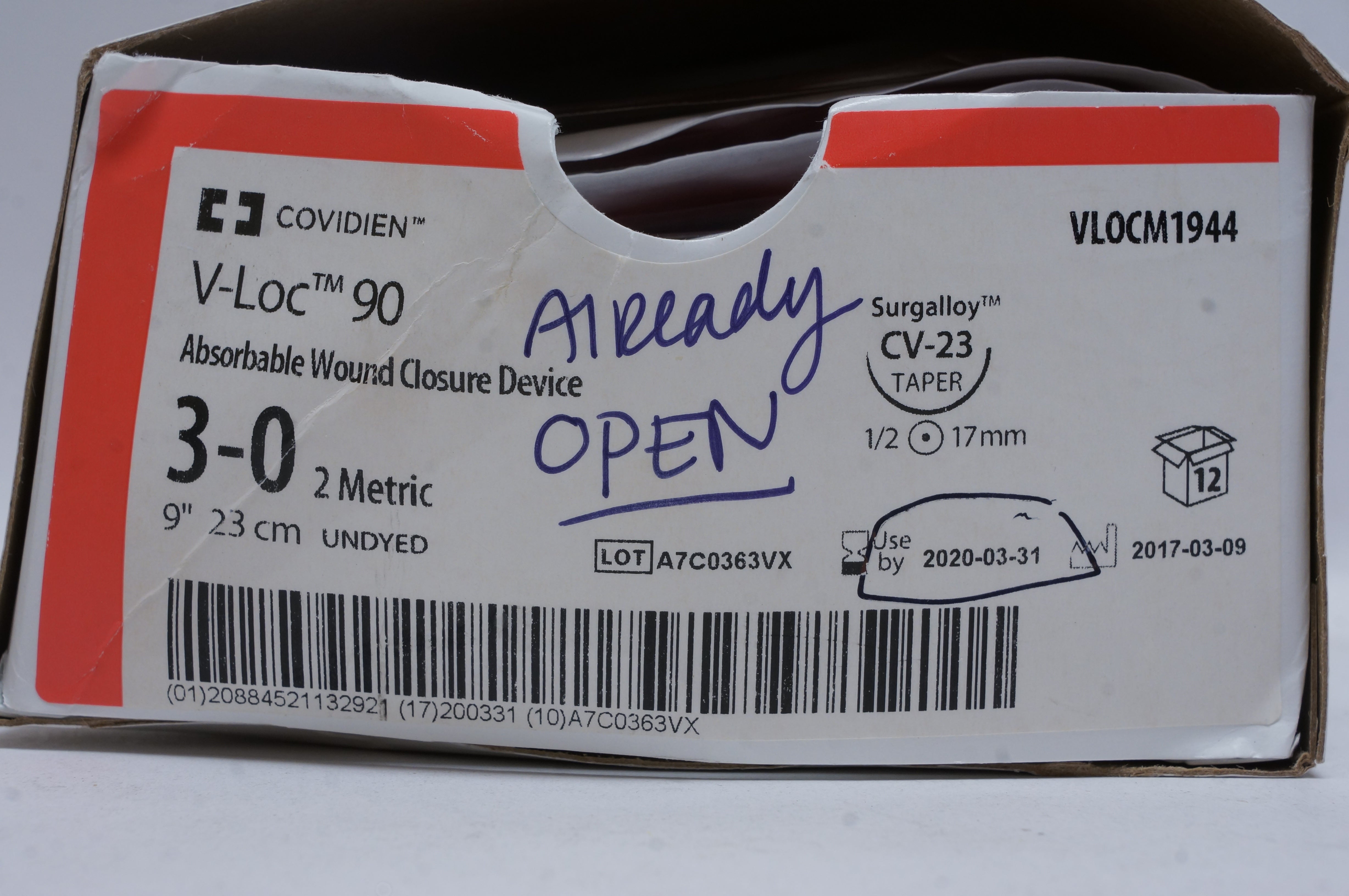 Covidien VLOCM1944 3-0 V-Loc 90 Absorbable Wound, CV-23, 1/2c 17mm (x)-Box of 12