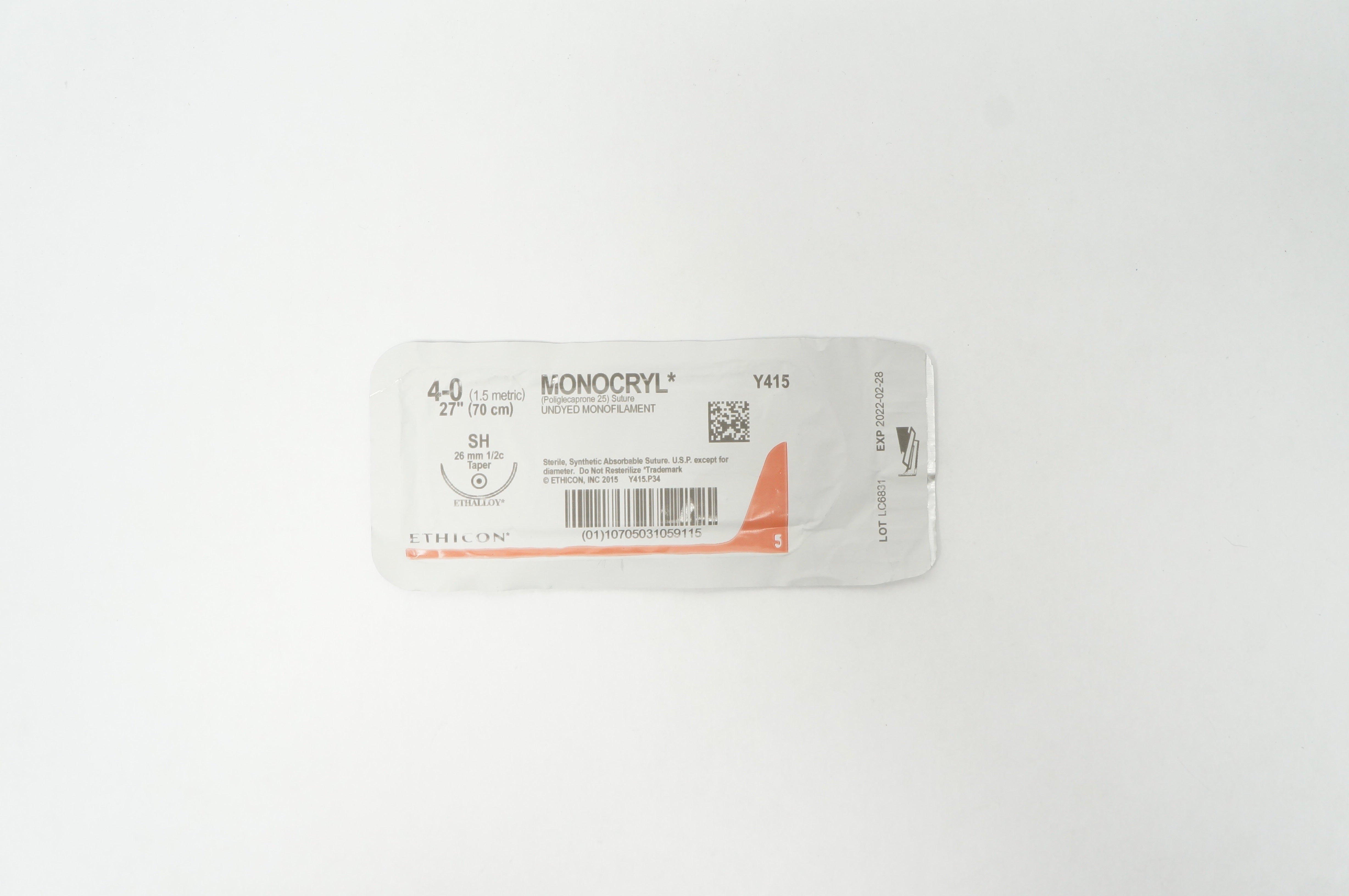 Ethicon Y415 4-0 Monocryl Poliglecaprone 25 Stre SH 26mm 1/2c Taper 27 inch (x)