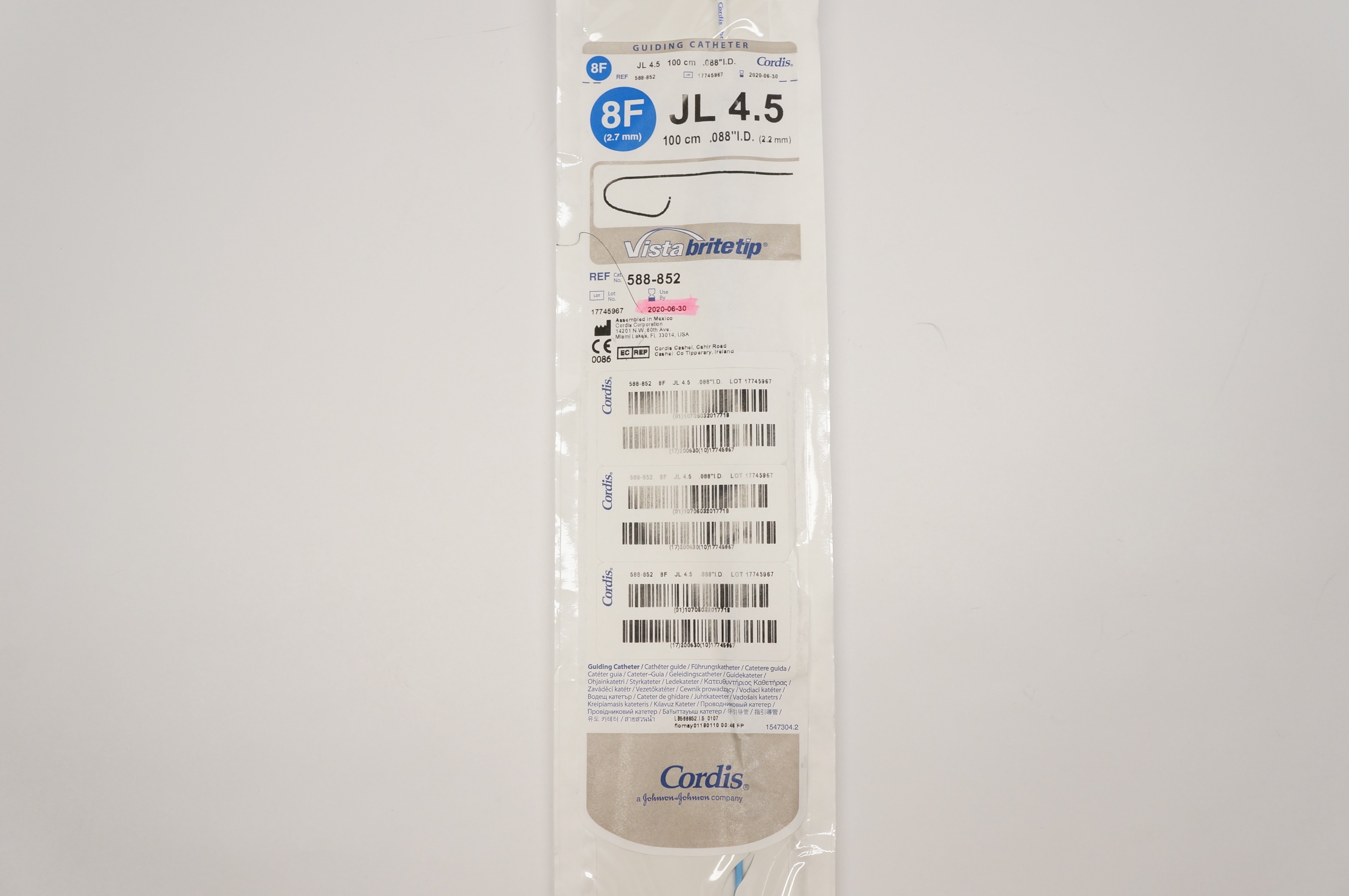 Cordis 588-852 Vista Britetip Guiding Cath. 8F JL4.5 100cm .088 inch(x)