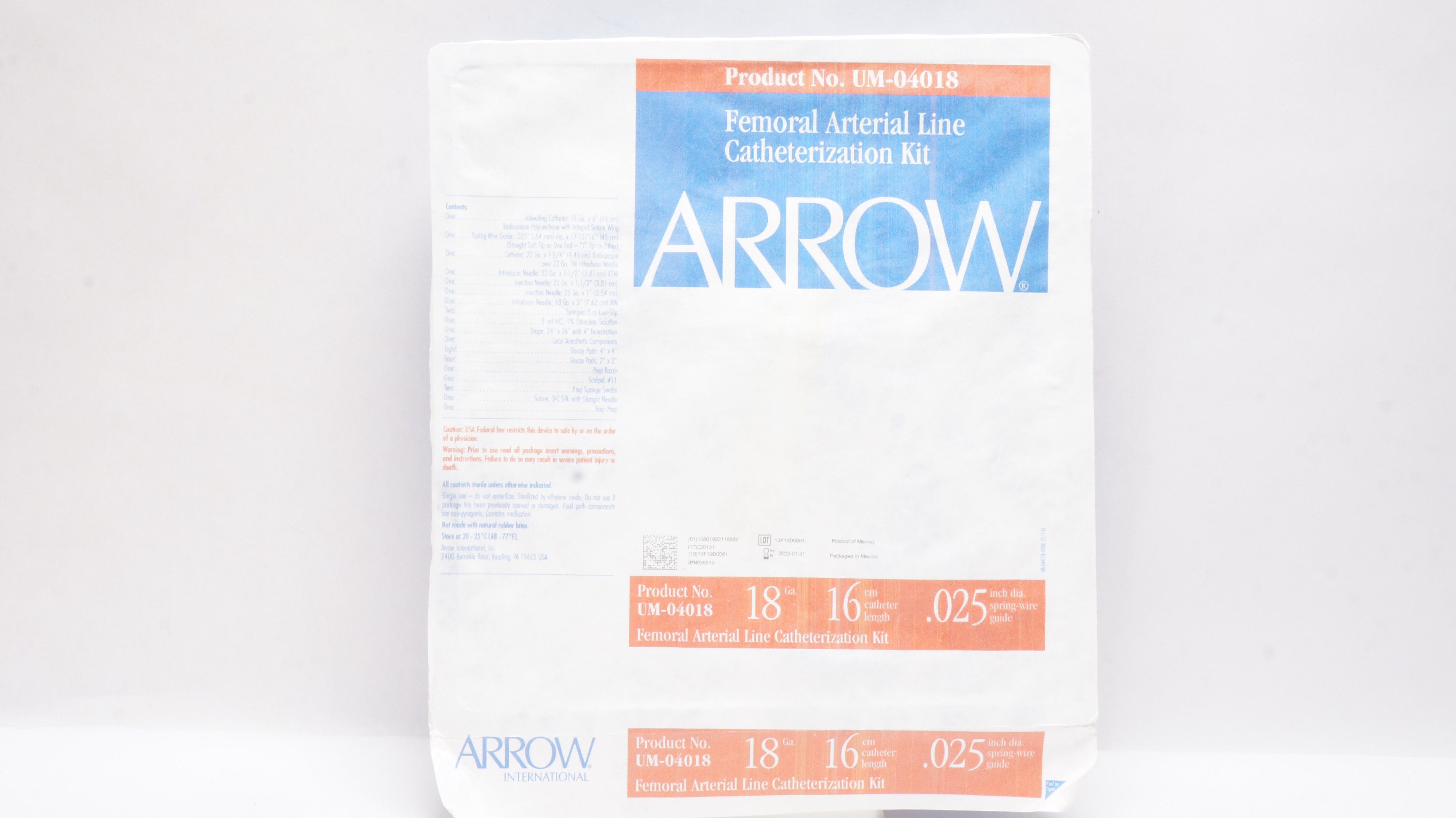Arrow UM-04018 Femoral Arterial Line Cath. Kit 18Ga x 16 cm x .025 inch (x)
