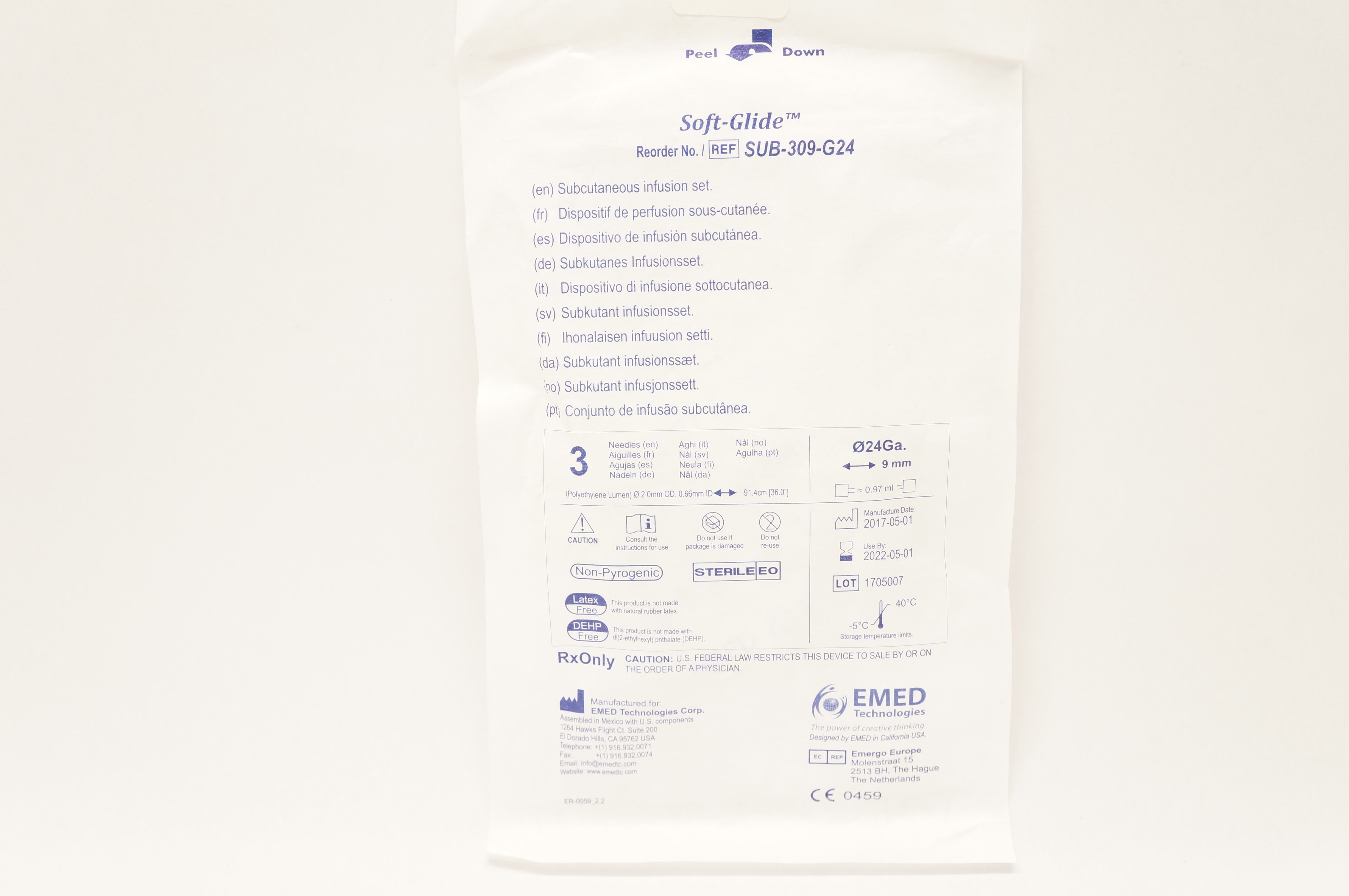 EMED Technologies SUB-309-G24 Soft-Glide Subcutaneous Infusion Set 24 Ga.x 9mm