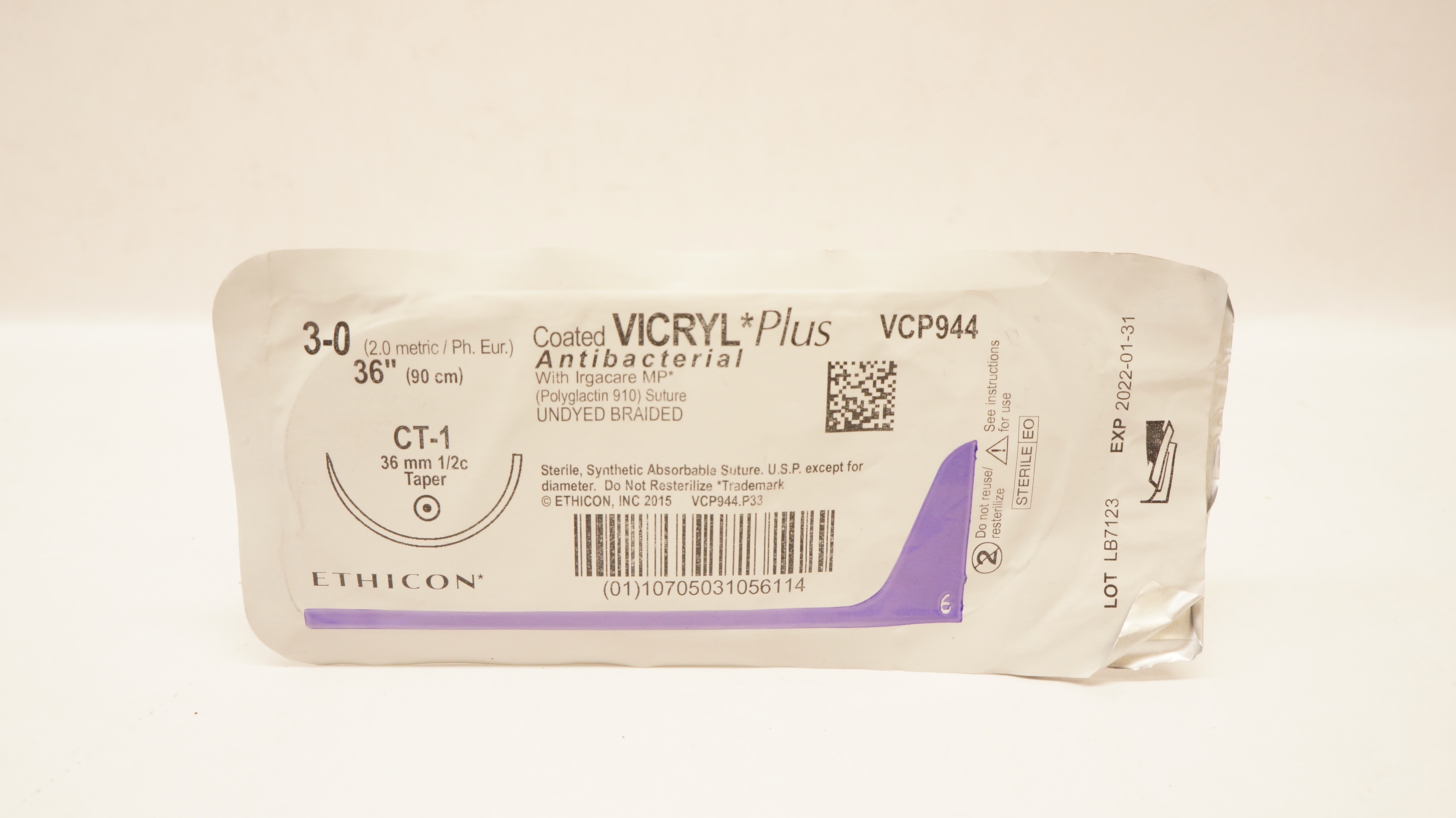 Ethicon VCP944 3-0 Coated VICRYL Plus, CT-1 36mm 1/2c Taper, 36inch (x)
