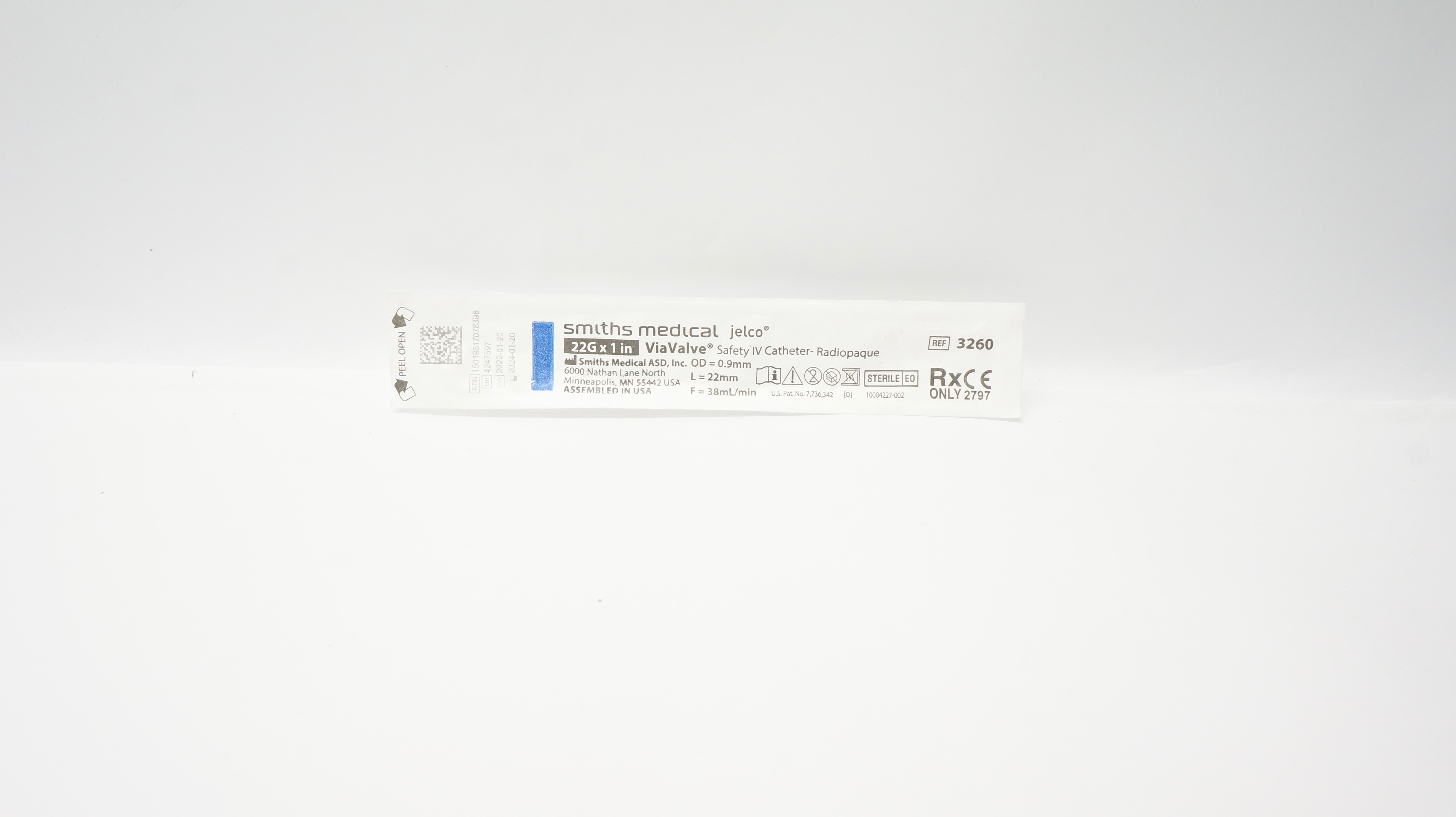 Smiths Medical 3260 ViaValve Safety I.V. Cath. 22G x 1inch (x)