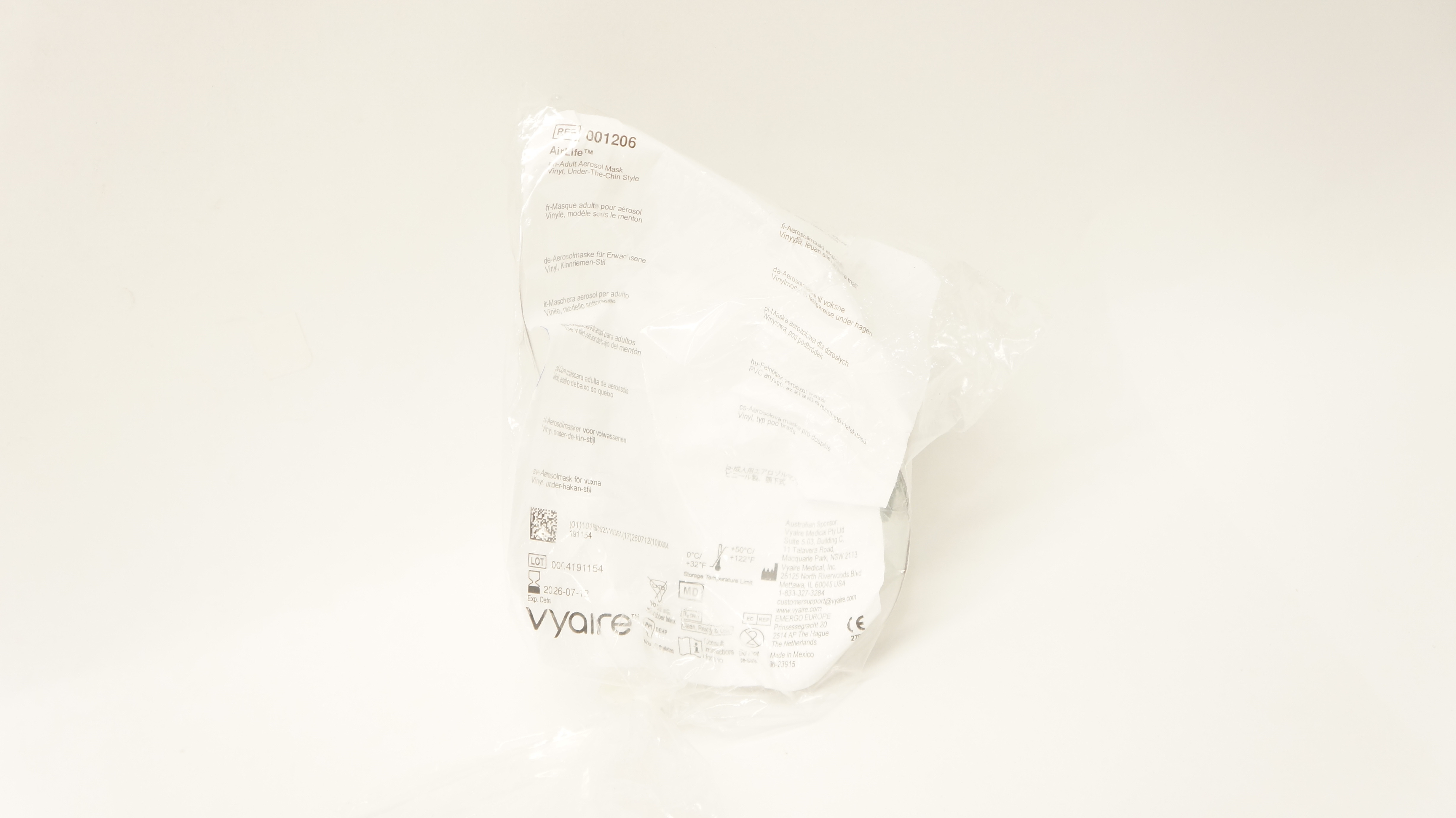 Vyaire 001206 AirLife Adult Aerosol Mask Vinyl Under-The-Chin Style