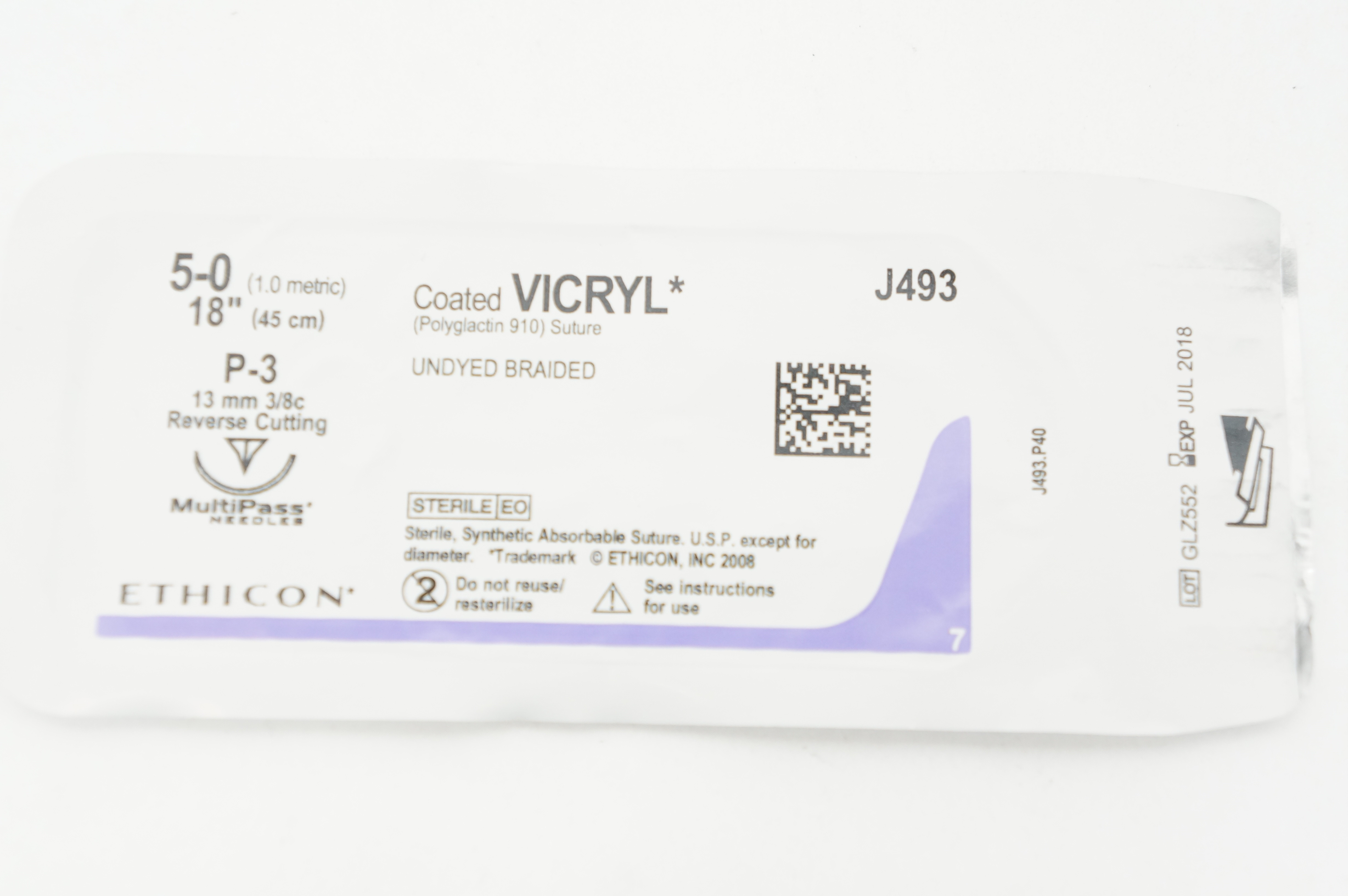 Ethicon J493 5-0 Coated VICRYL Stre P-3 13mm 3/8c Reverse Cutting, 18inch (x)