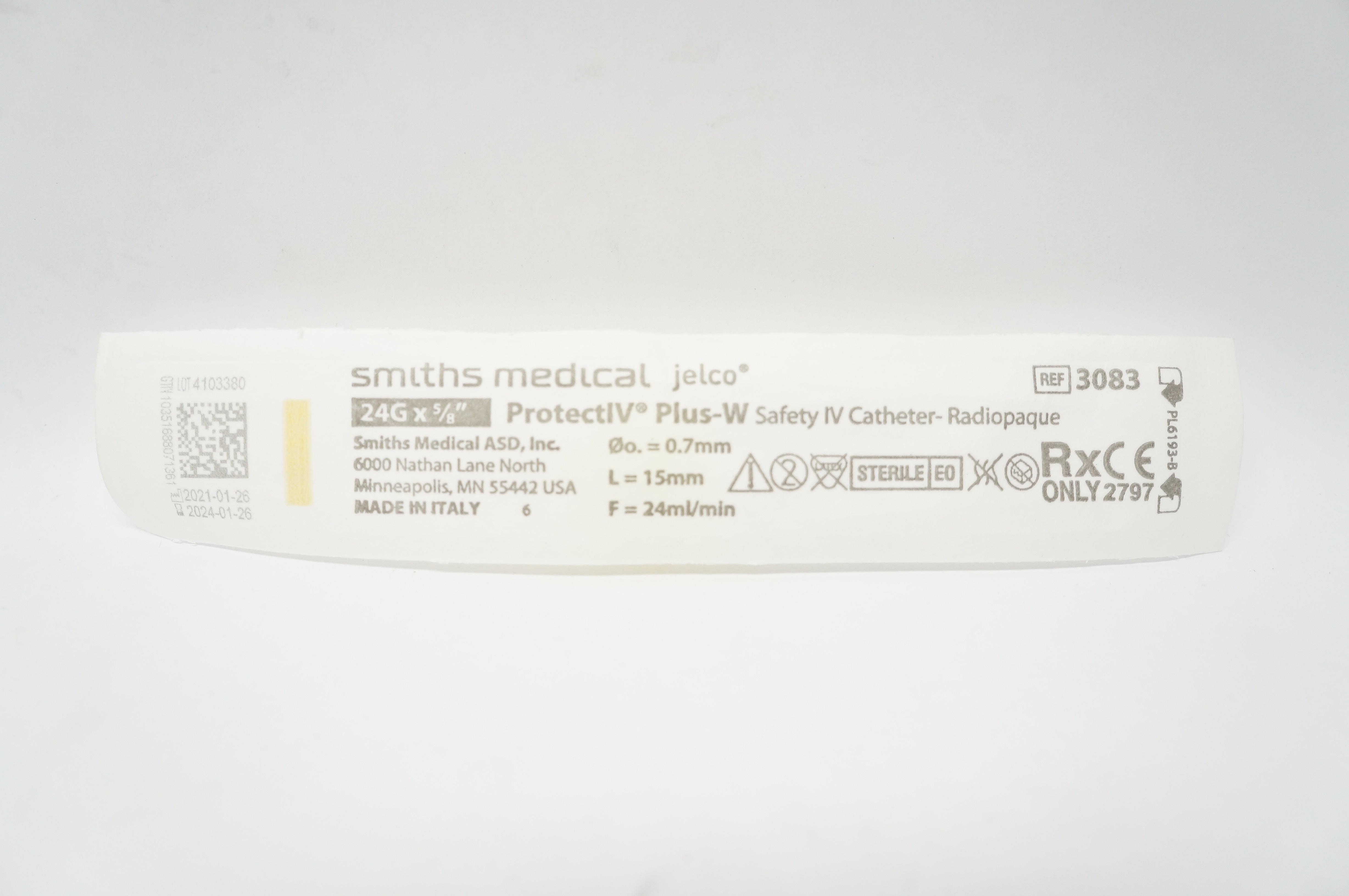 Smiths Medical 3083 Jelco Protect IV Plus-W Safety IV Cath. 24G x 5/8 inch