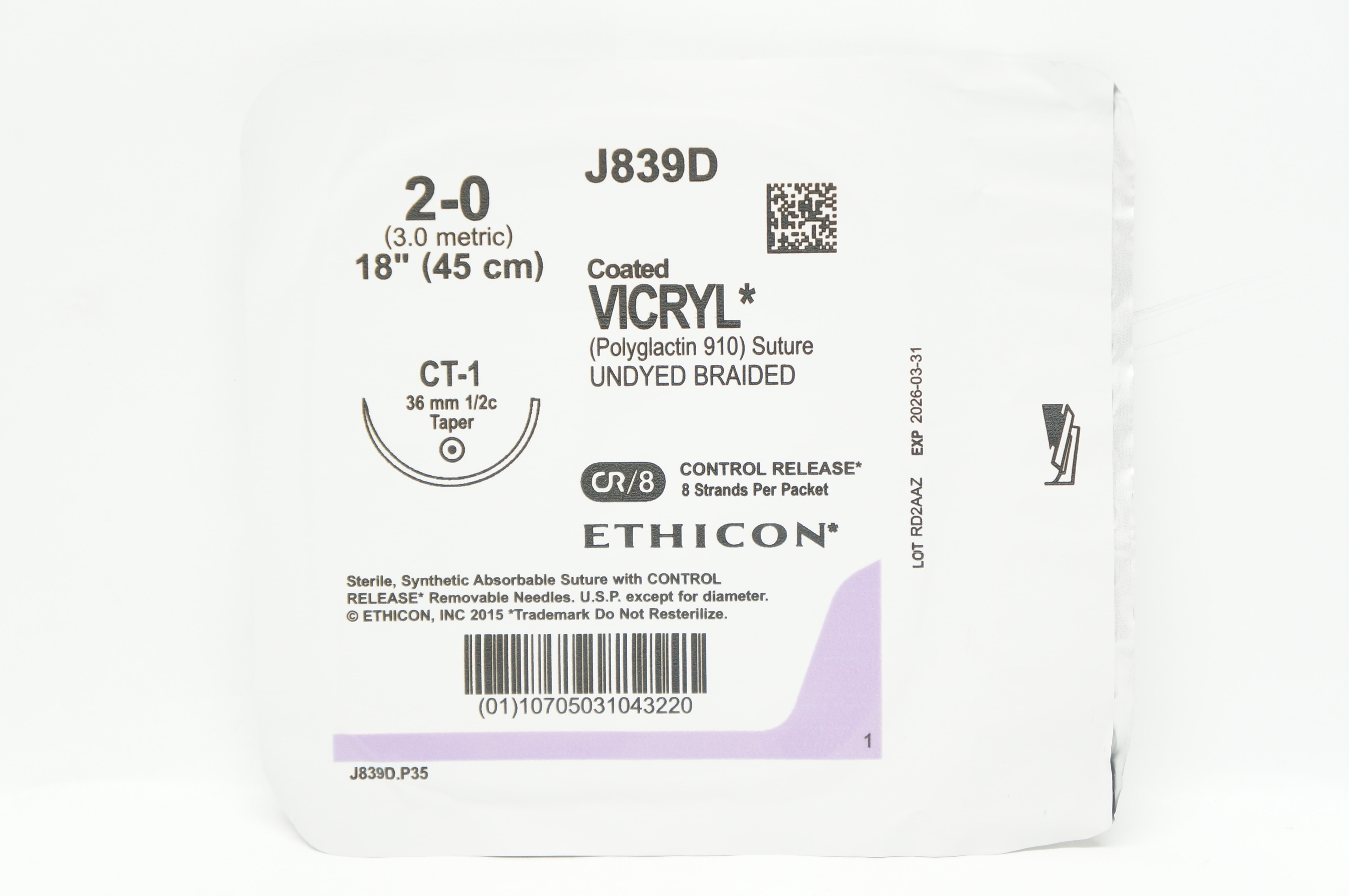 Ethicon J839D 2-0 Coated VICRYL Stre CT-1 36mm 1/2c Taper, 18 inch