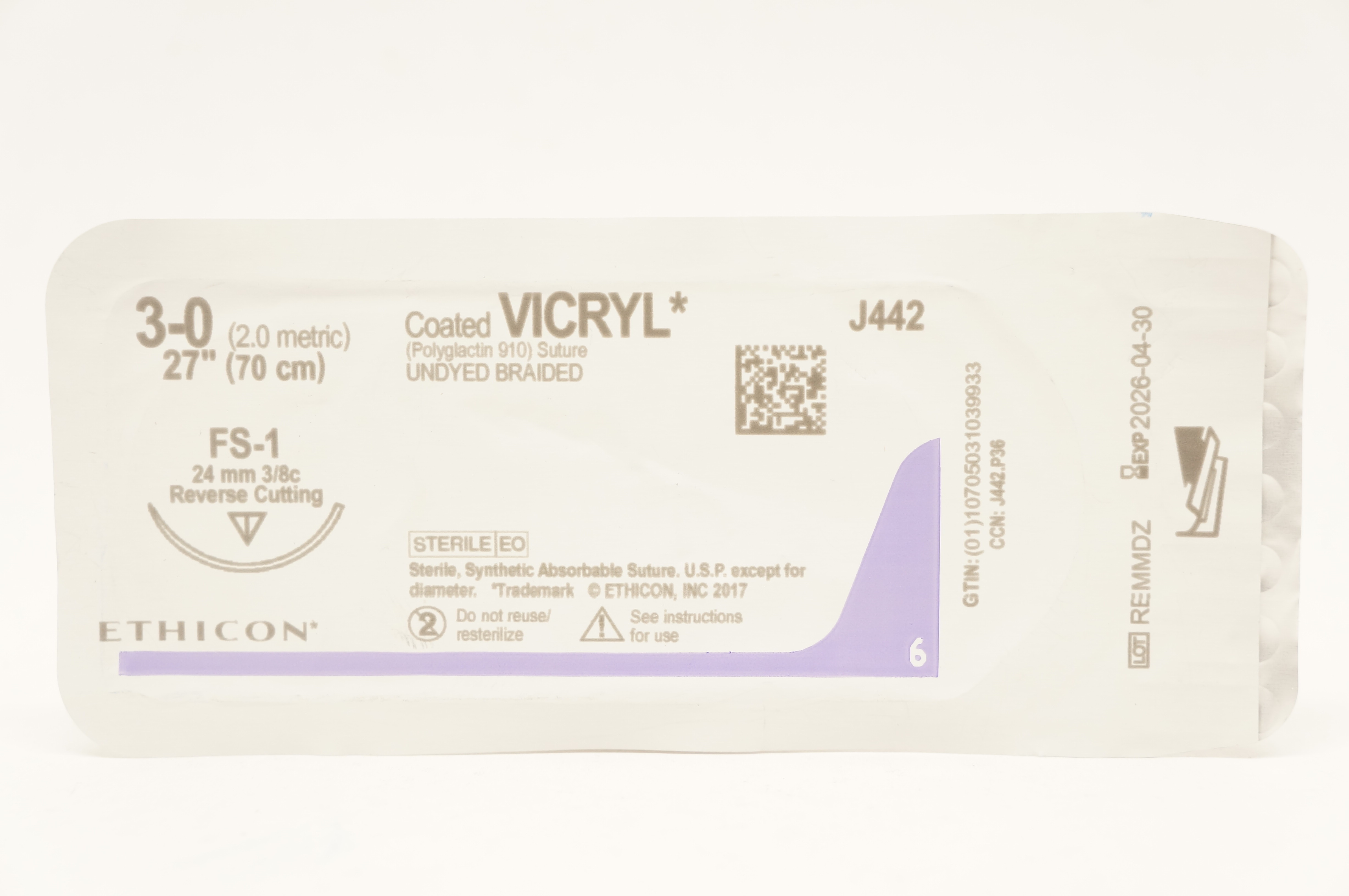 Ethicon J442 3-0 Coated VICRYL, FS-1 24mm 3/8c Reverse Cutting, 27inch