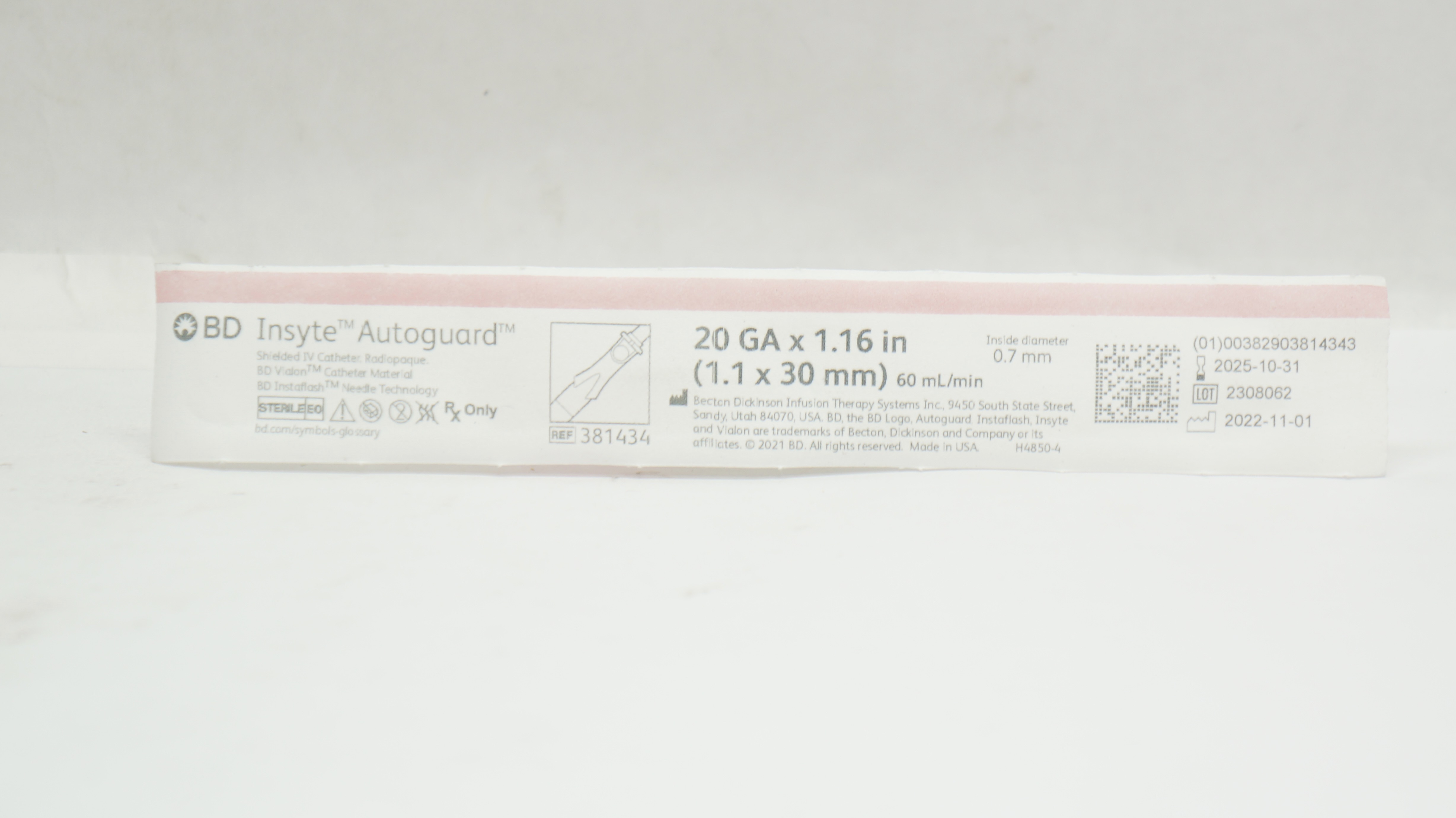 BD 381434 Insyte Autoguard Shielded IV Cath. 20Ga x 1.16inch 60mL/min