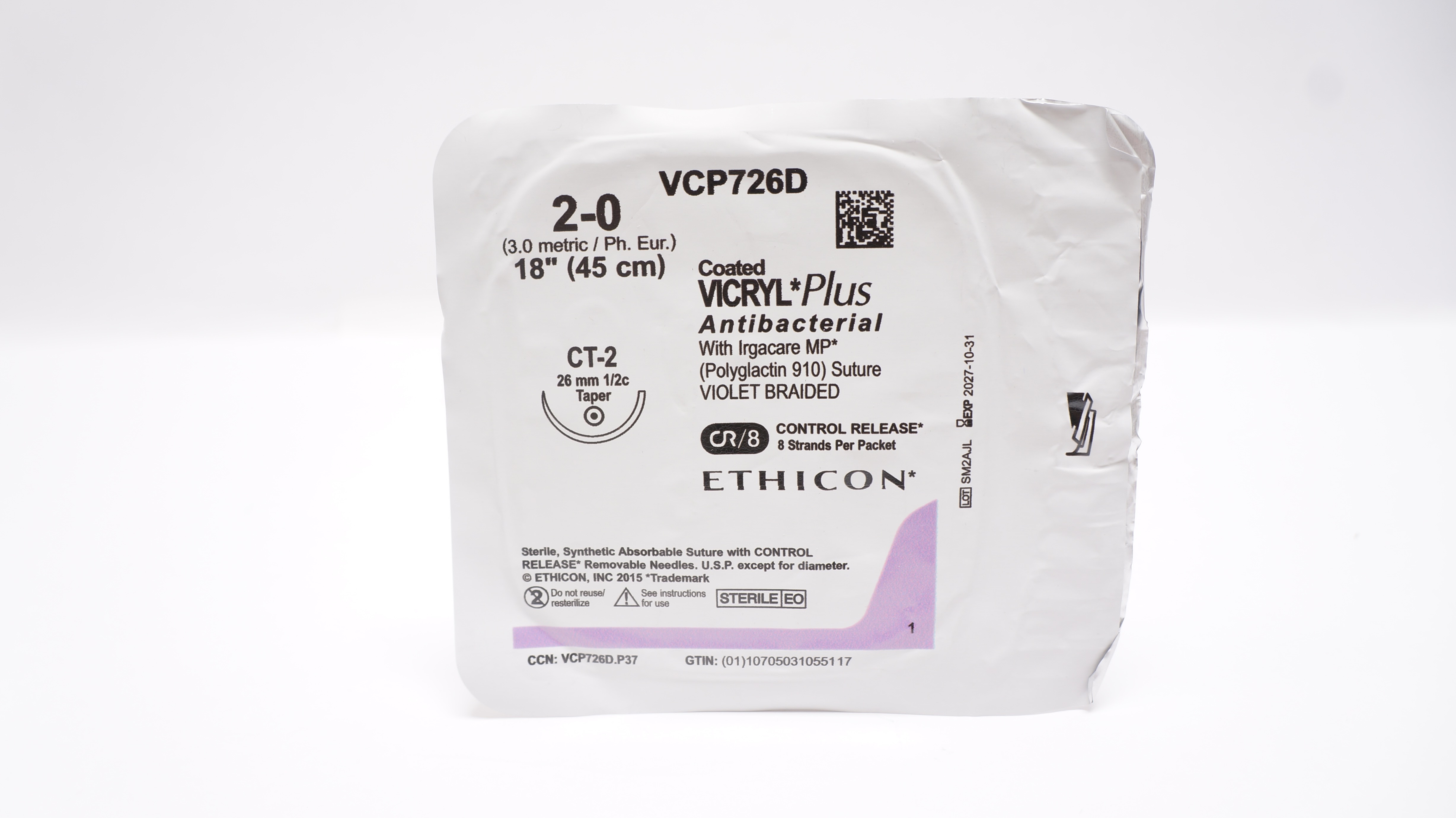 Ethicon VCP726D 2-0 VICRYL Plus CT-2 26mm 1/2c Taper 18inch