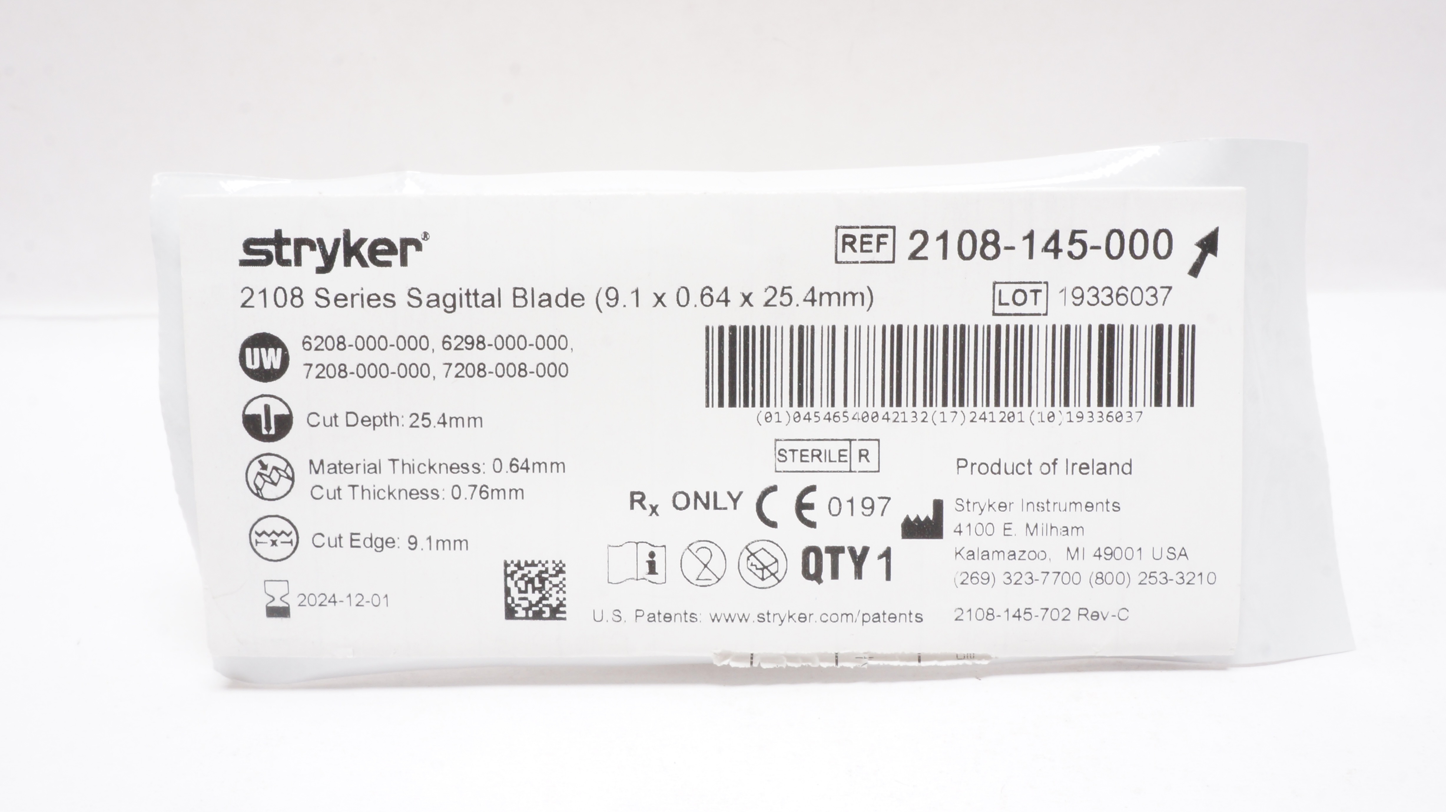 Stryker 2108-145-000 Sagittal Blade 9.1 x 0.64 x 25.4mm