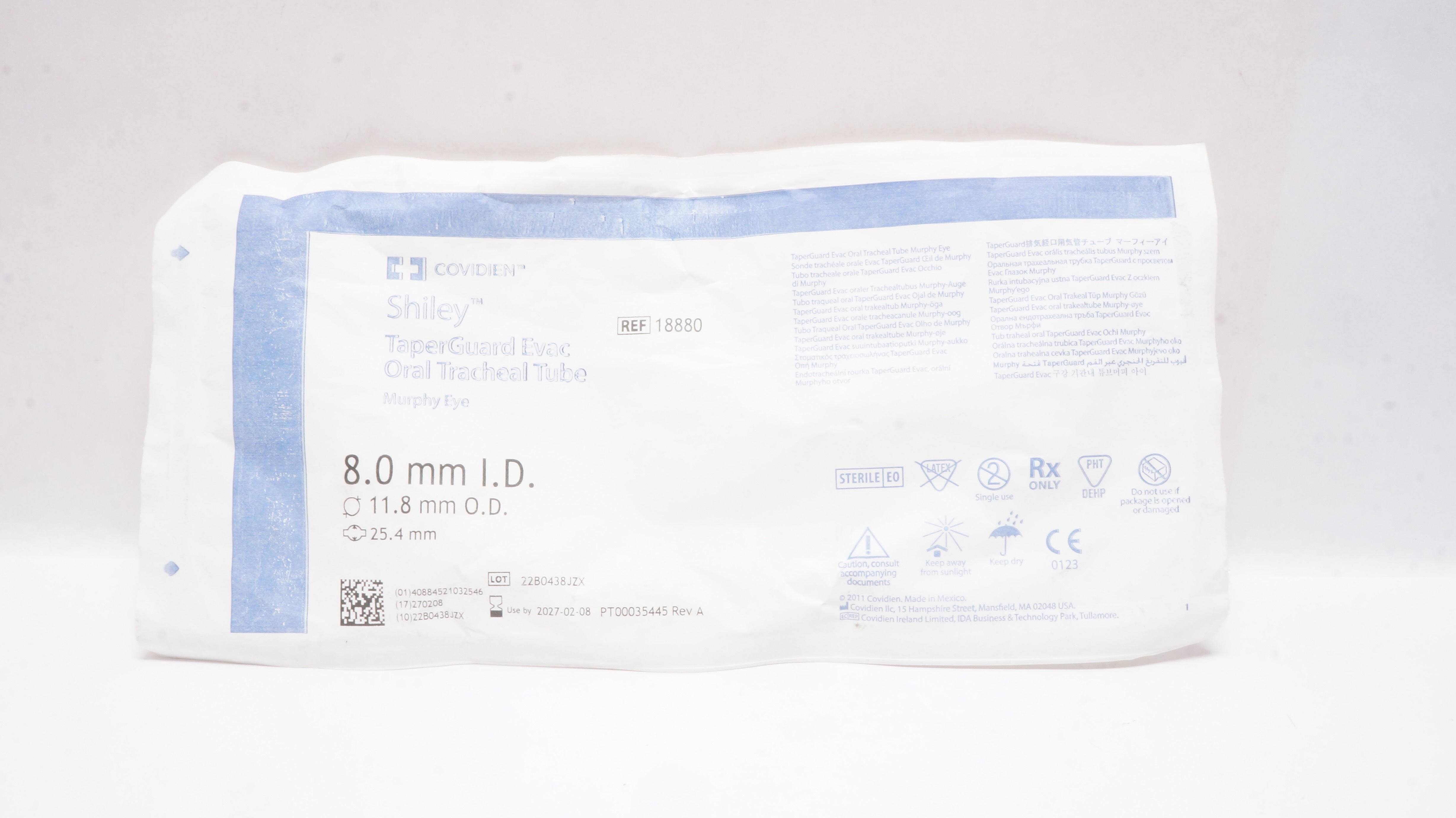 Covidien 18880 Shiley TaperGuard Evac Oral Tracheal Tube 8.0ID x 11.8mmOD x 25.4