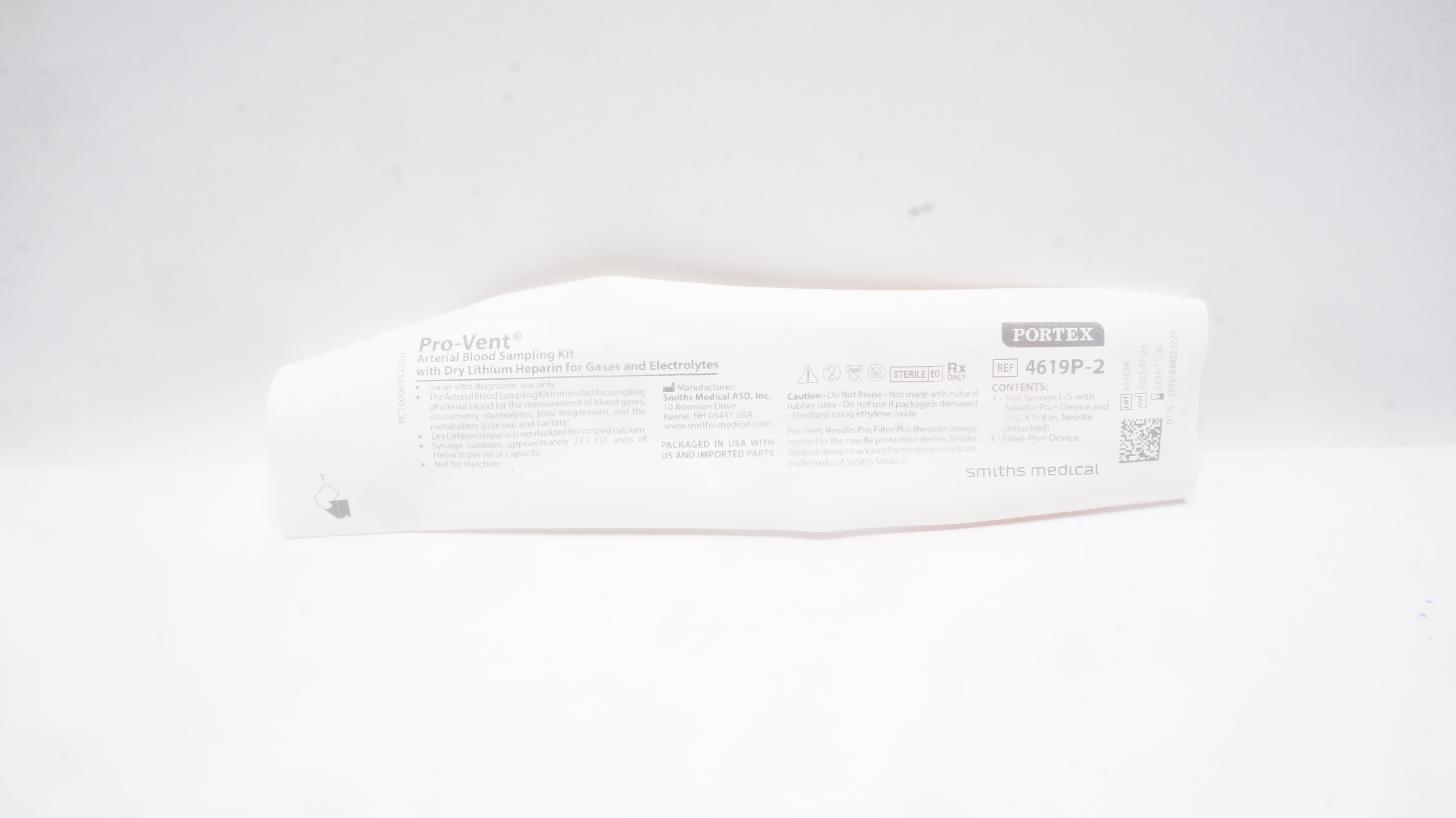 Smiths Medical 4619P-2 Portex Pro-Vent Arterial Blood Sampling Kit