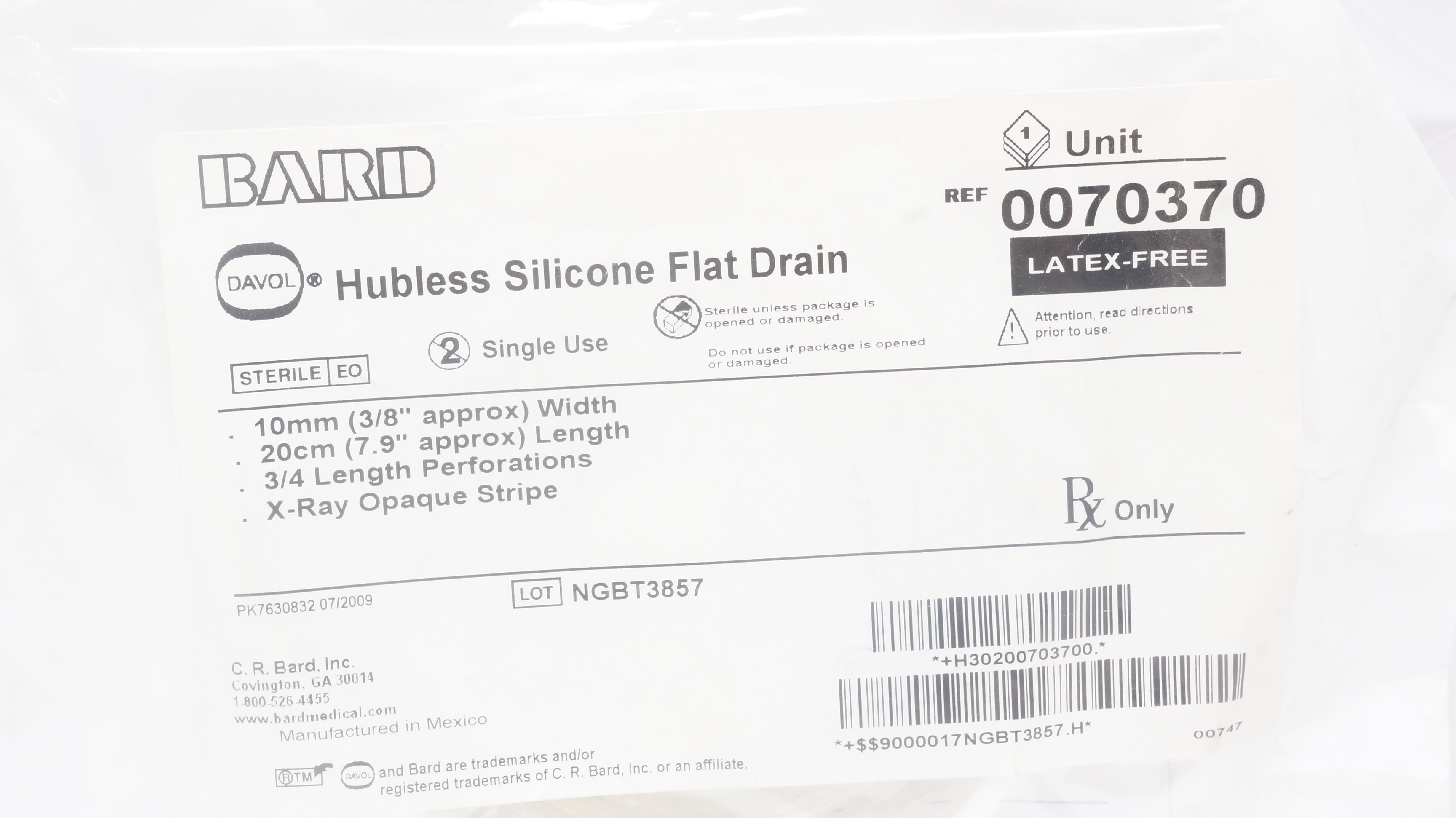 Bard 0070370 Davol Hubless Silicone Flat Drain 3/8inch x 7.9inch