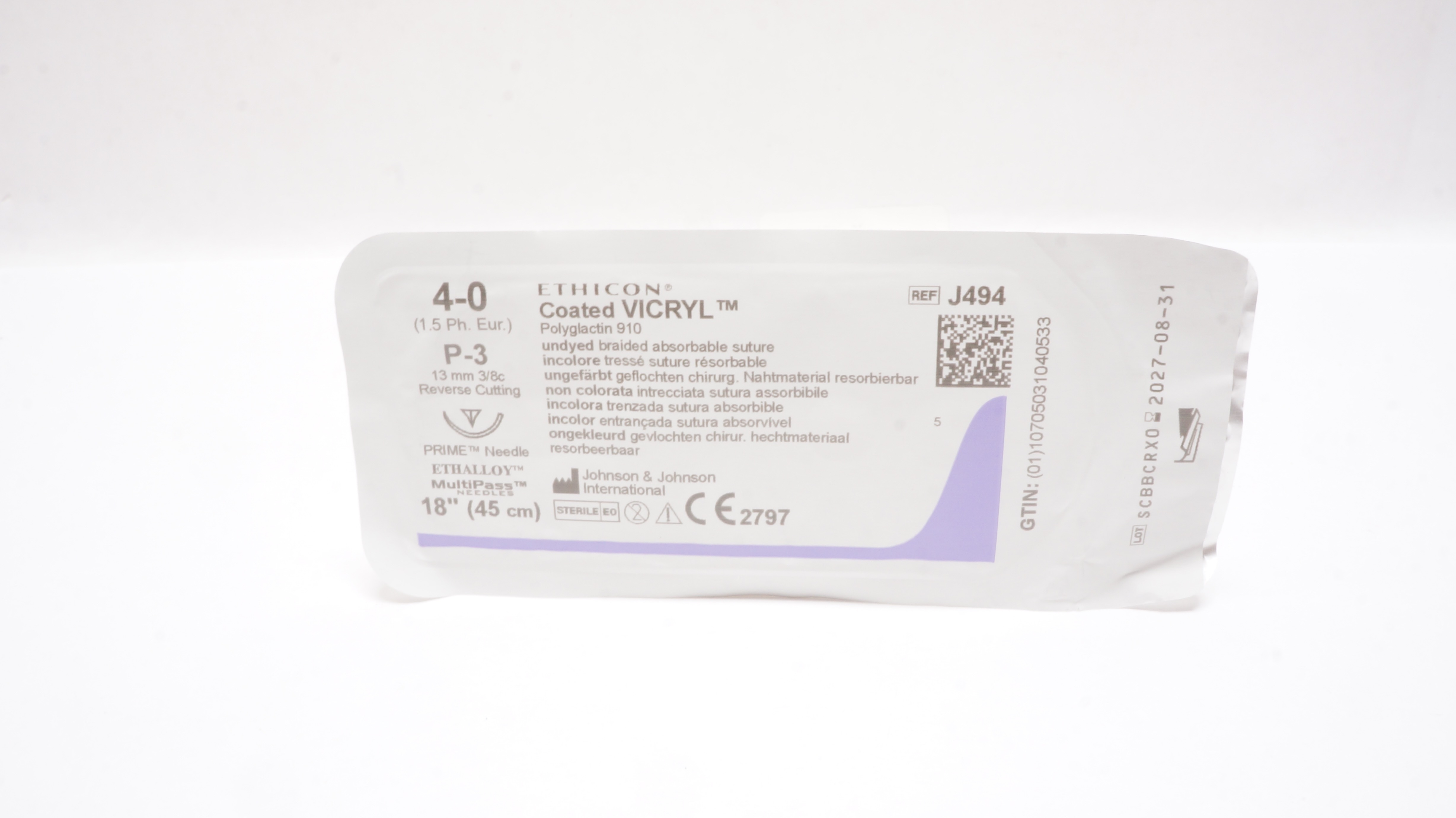 Ethicon J494 4-0 Coated Vicryl, P-3, 13mm 3/8c Reverse Cutting, 18inch