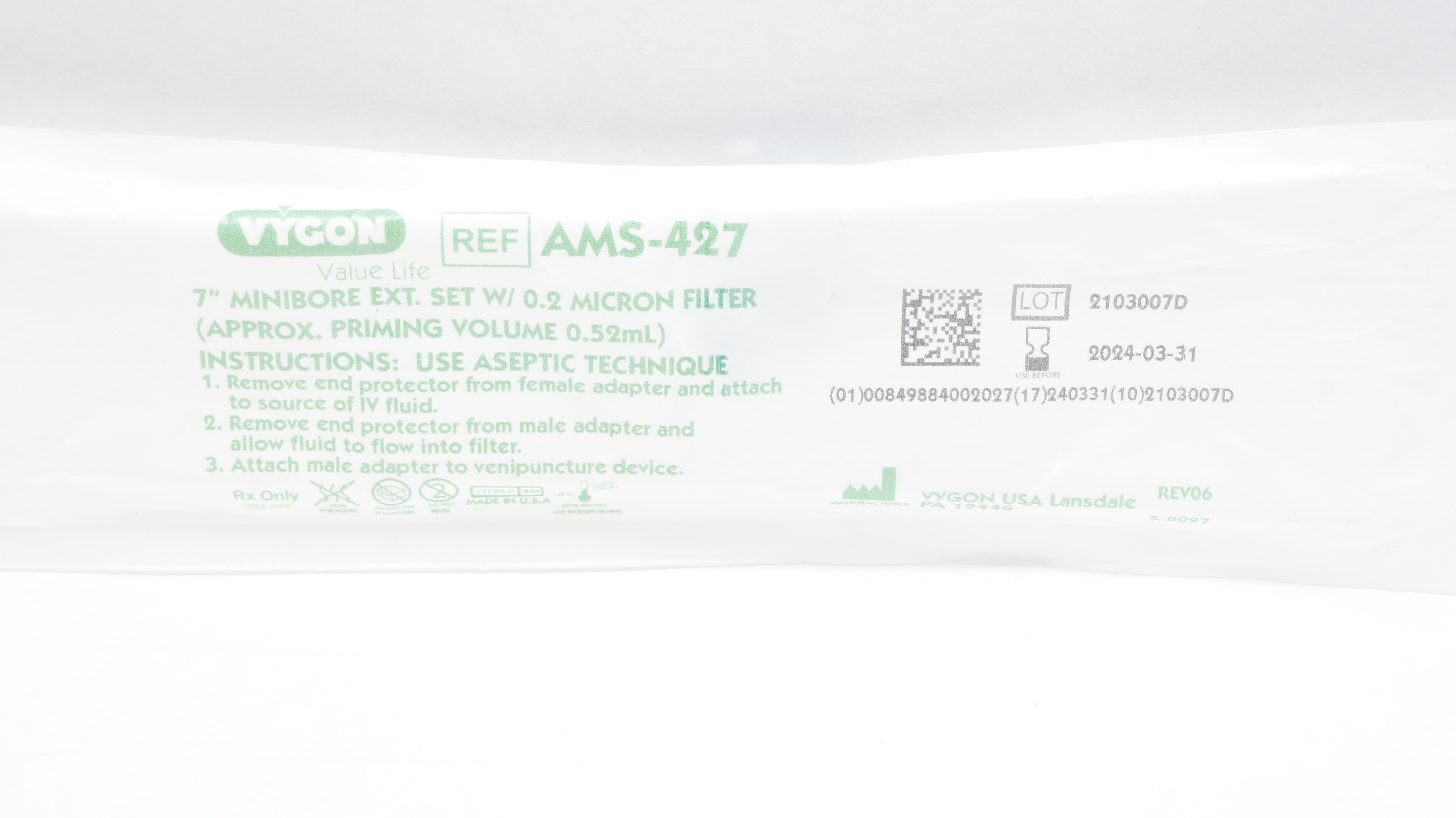 Vygon AMS-427 7Inch Minibore Extension Set Prim. Vol. 0.52mL(x)