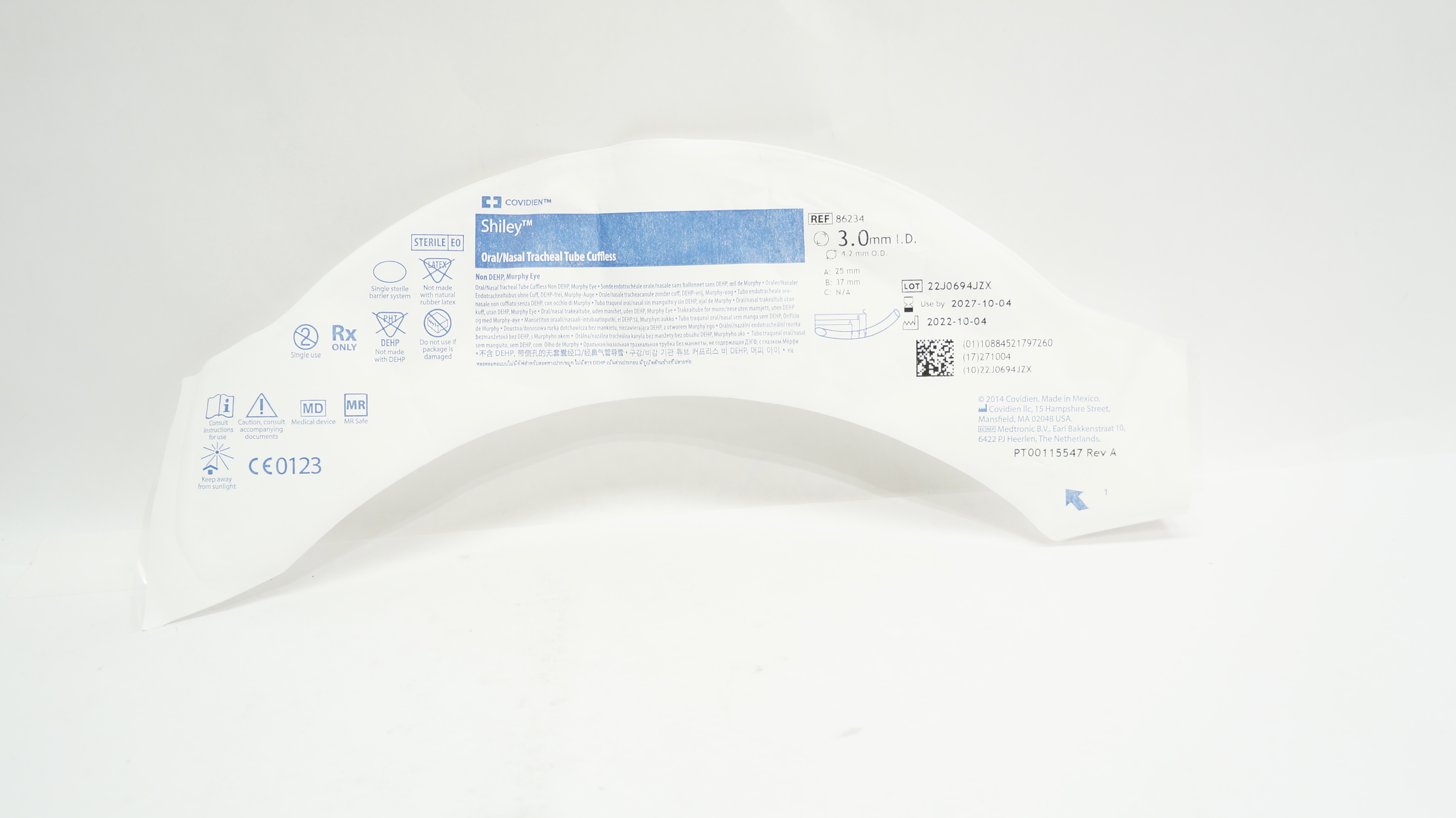 Covidien 86234 Shiley Oral/Nasal Tracheal Tube Cuffless 3.0mm ID x 4.2mm OD (x)