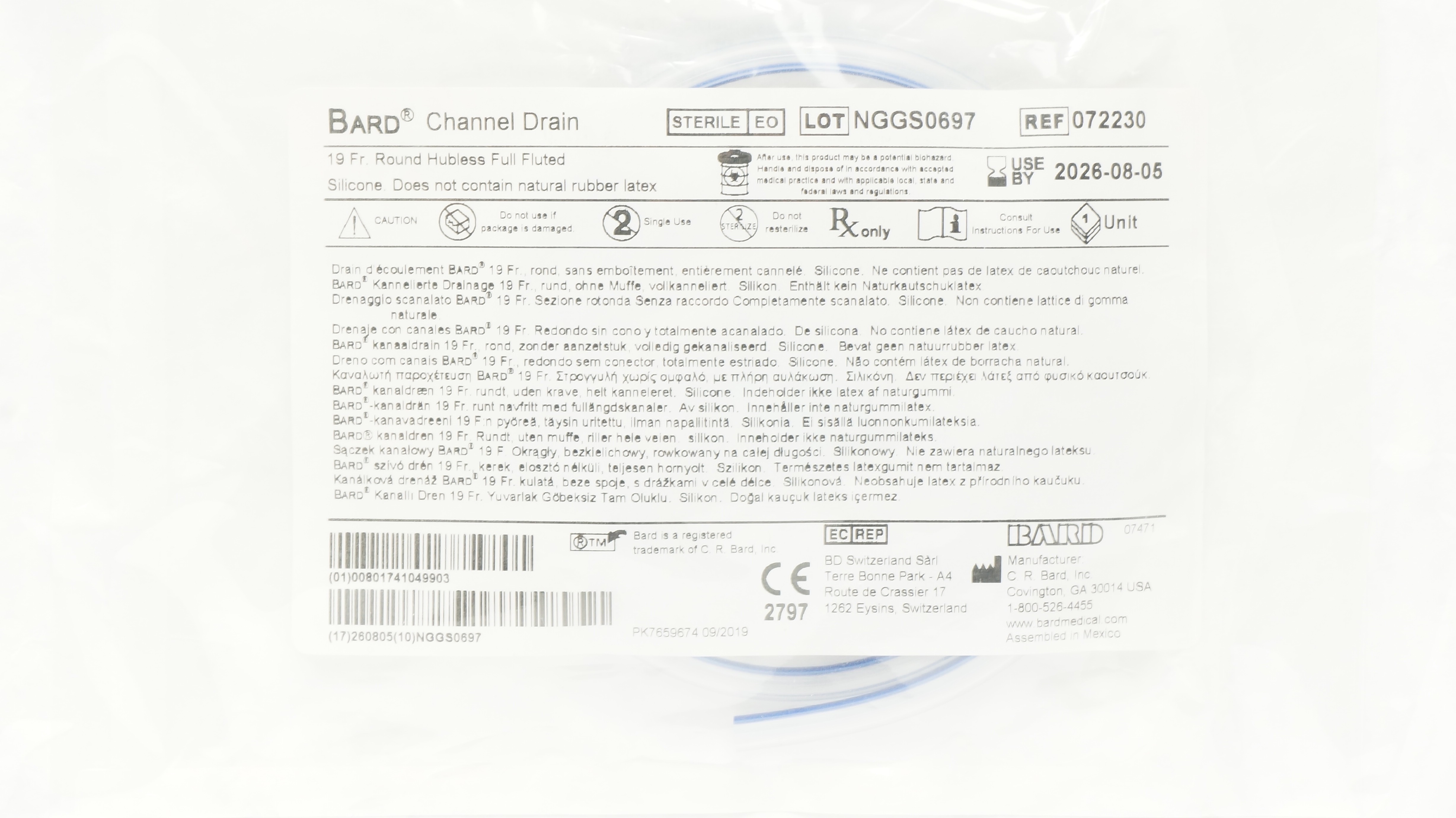 Bard 072230 Full Fluted Silicone Channel Drain Round Hubless 19 Fr.