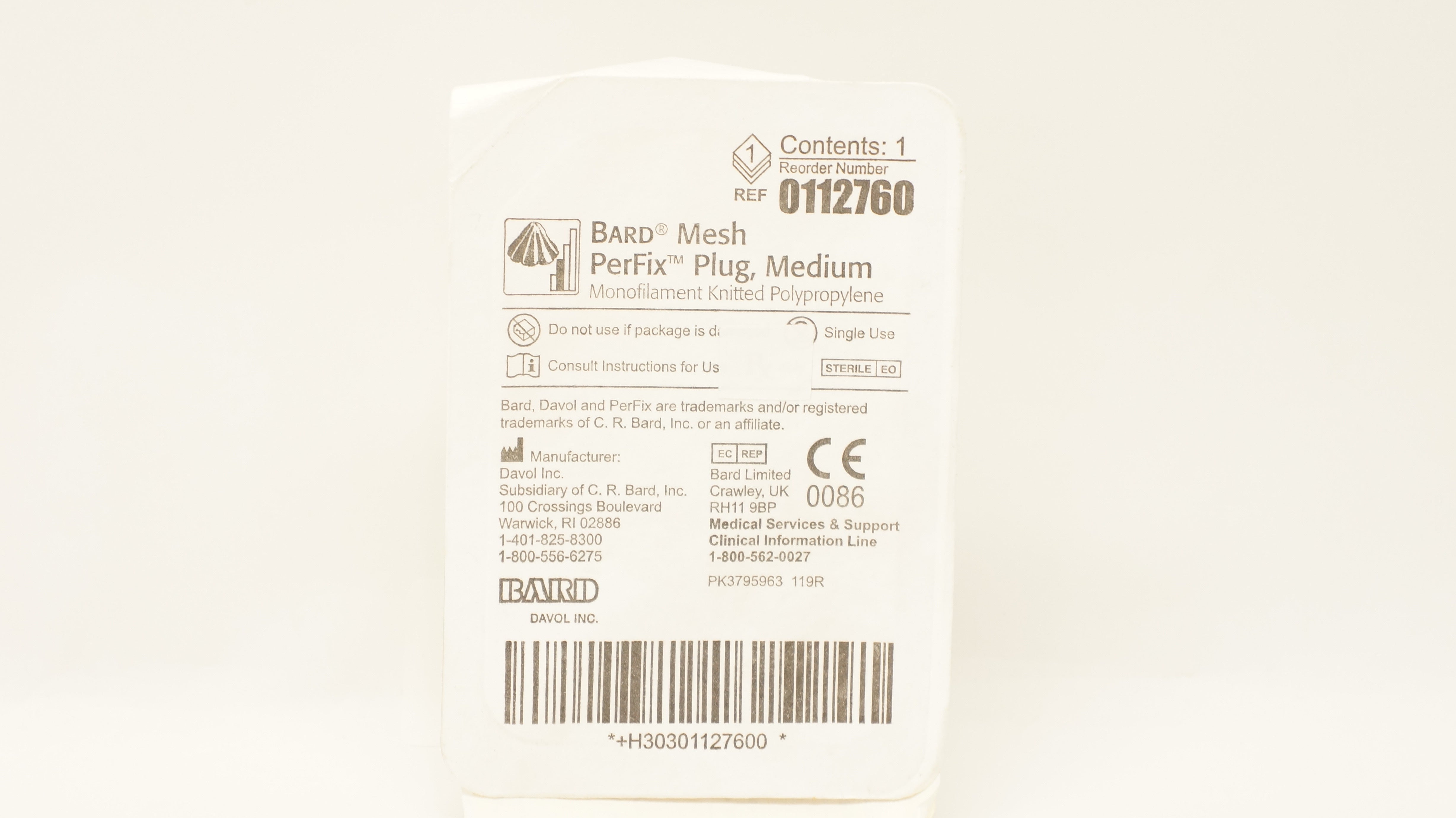 Bard 0112760 Mesh PerFix Plug Monofilament Knitted Polypropylene (x)