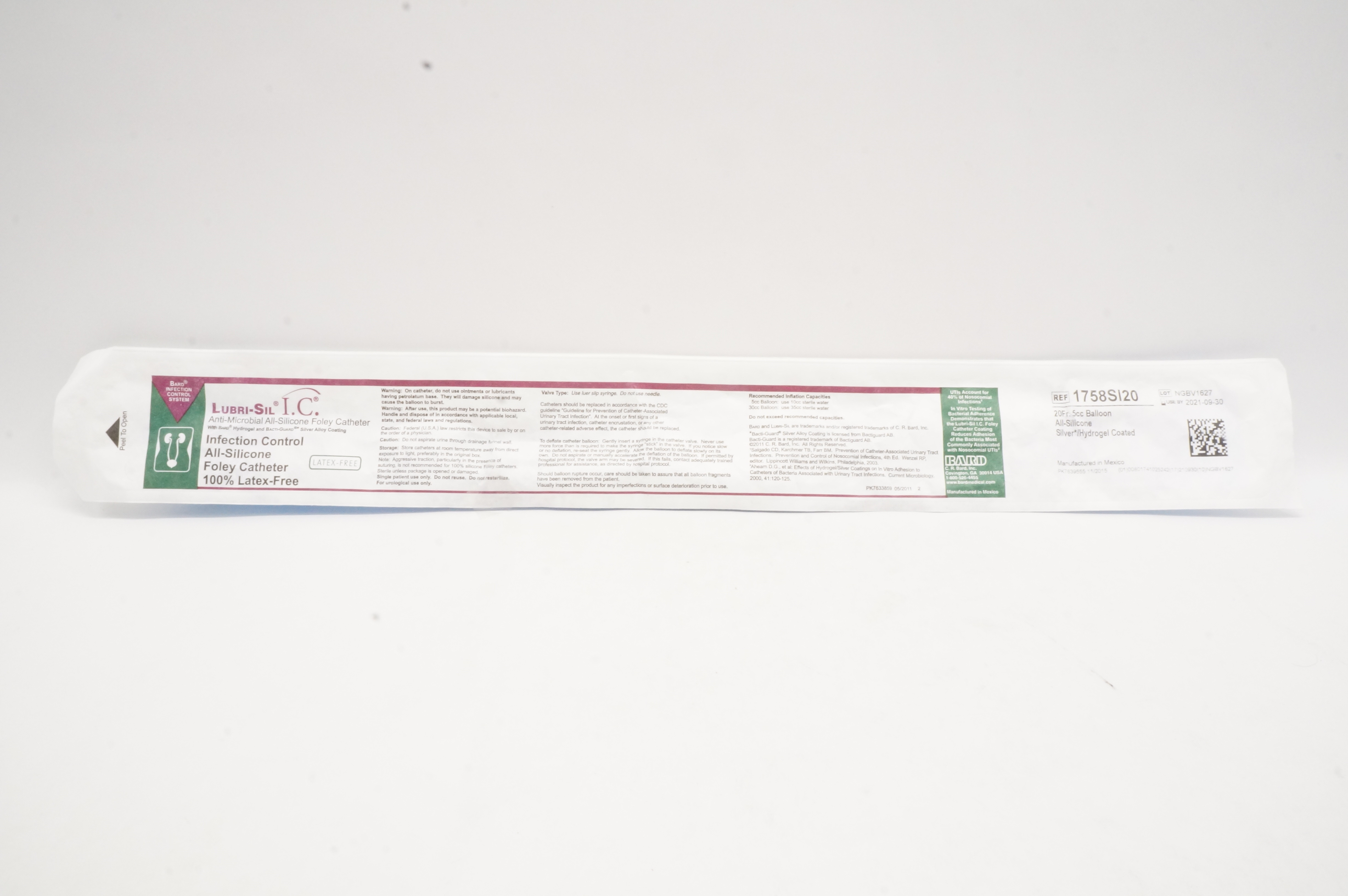 Bard 1758SI20 Lubri-Sil I.C. Anti-Microbial All-Silicone Foley Cath. 20Fr