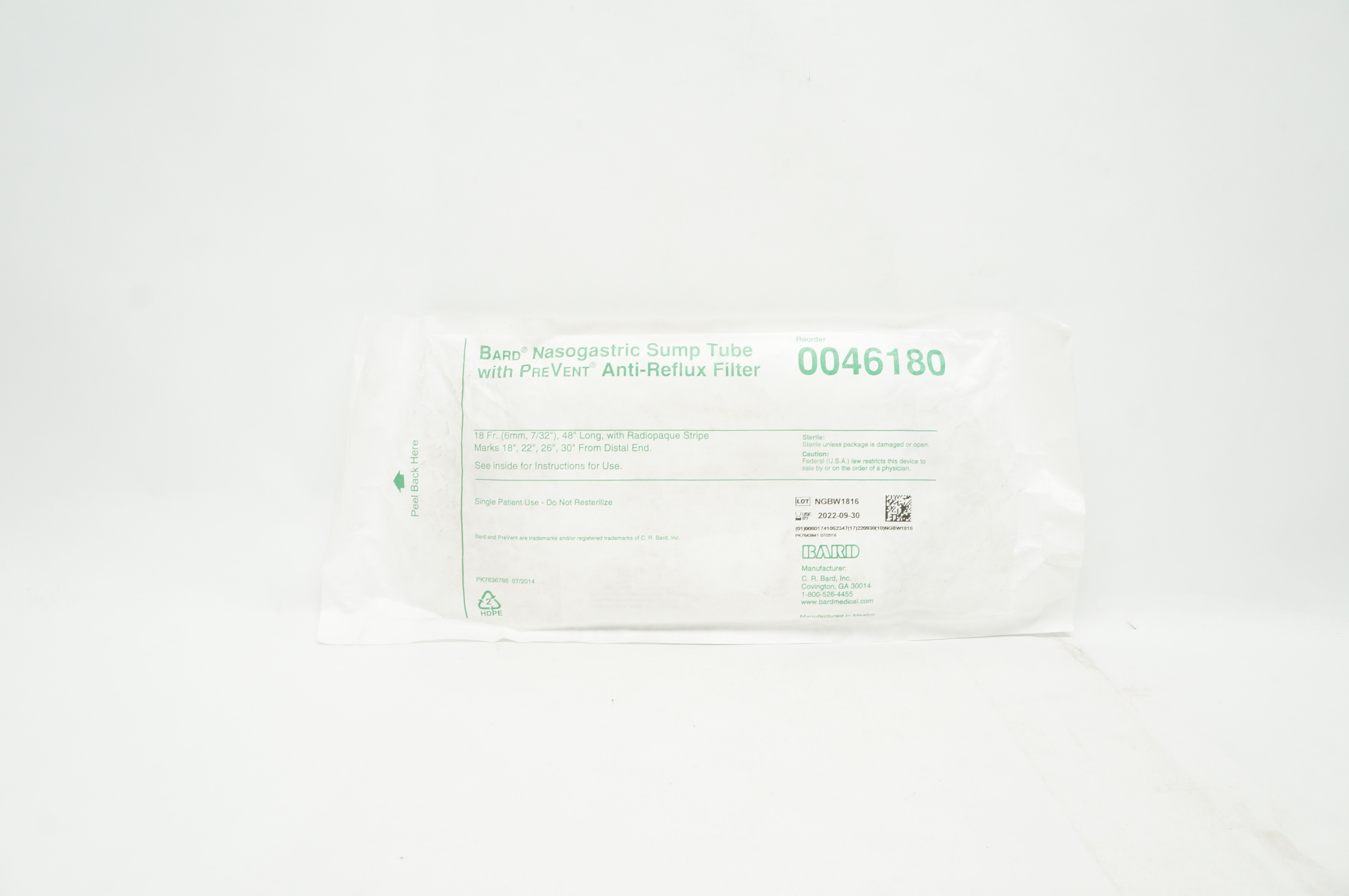 Bard 0046180 Nasogastric Sump Tube With PreVent Anti-Reflux Filter 18Fr