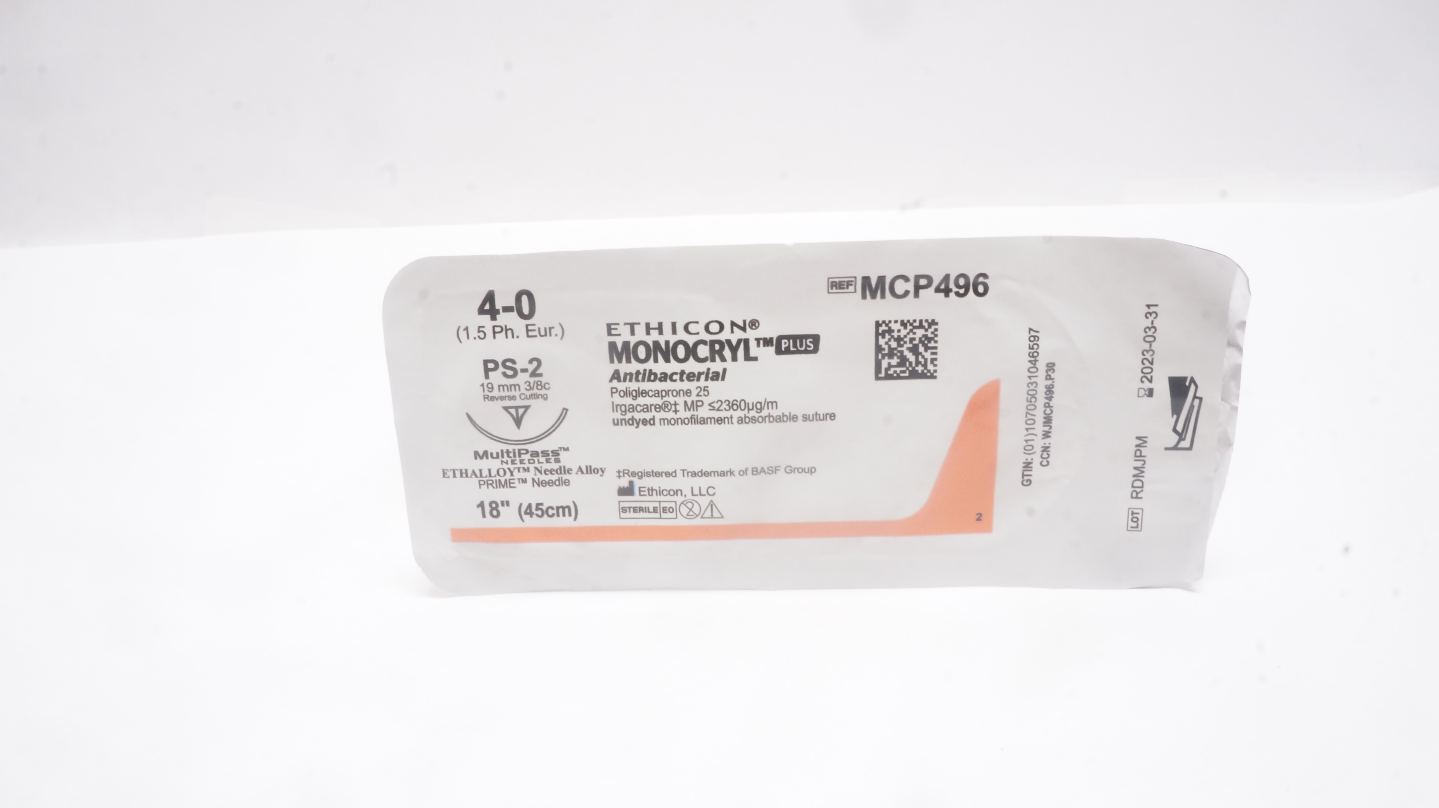Ethicon MCP496 4-0 MONOCRYL, PS-2 19mm 3/8c, Reverse Cutting, 18inch (x)