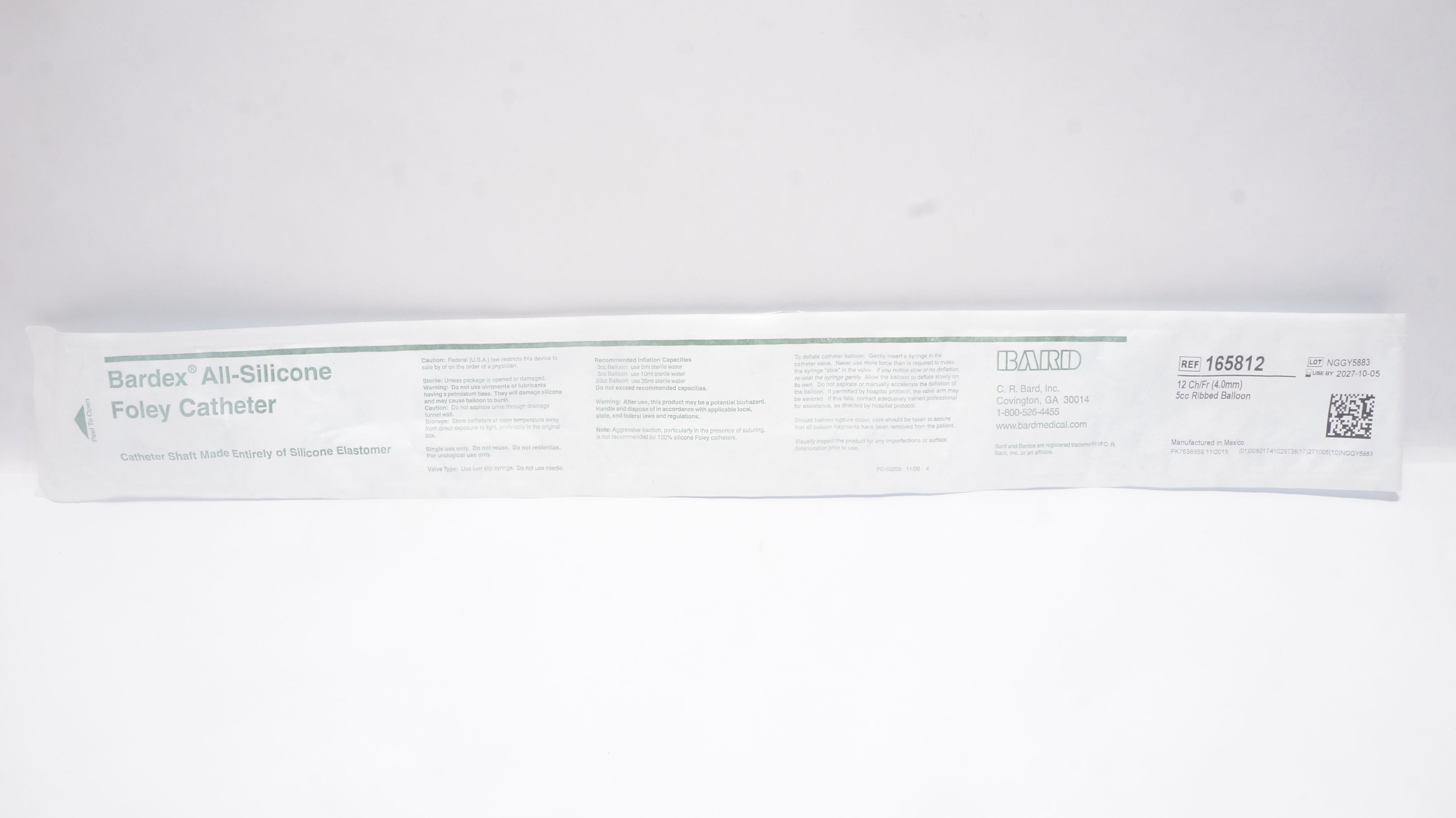 Bard 165812 All-Silicone Foley Cath. 12 Ch/Fr 5cc Ribbed Balloon