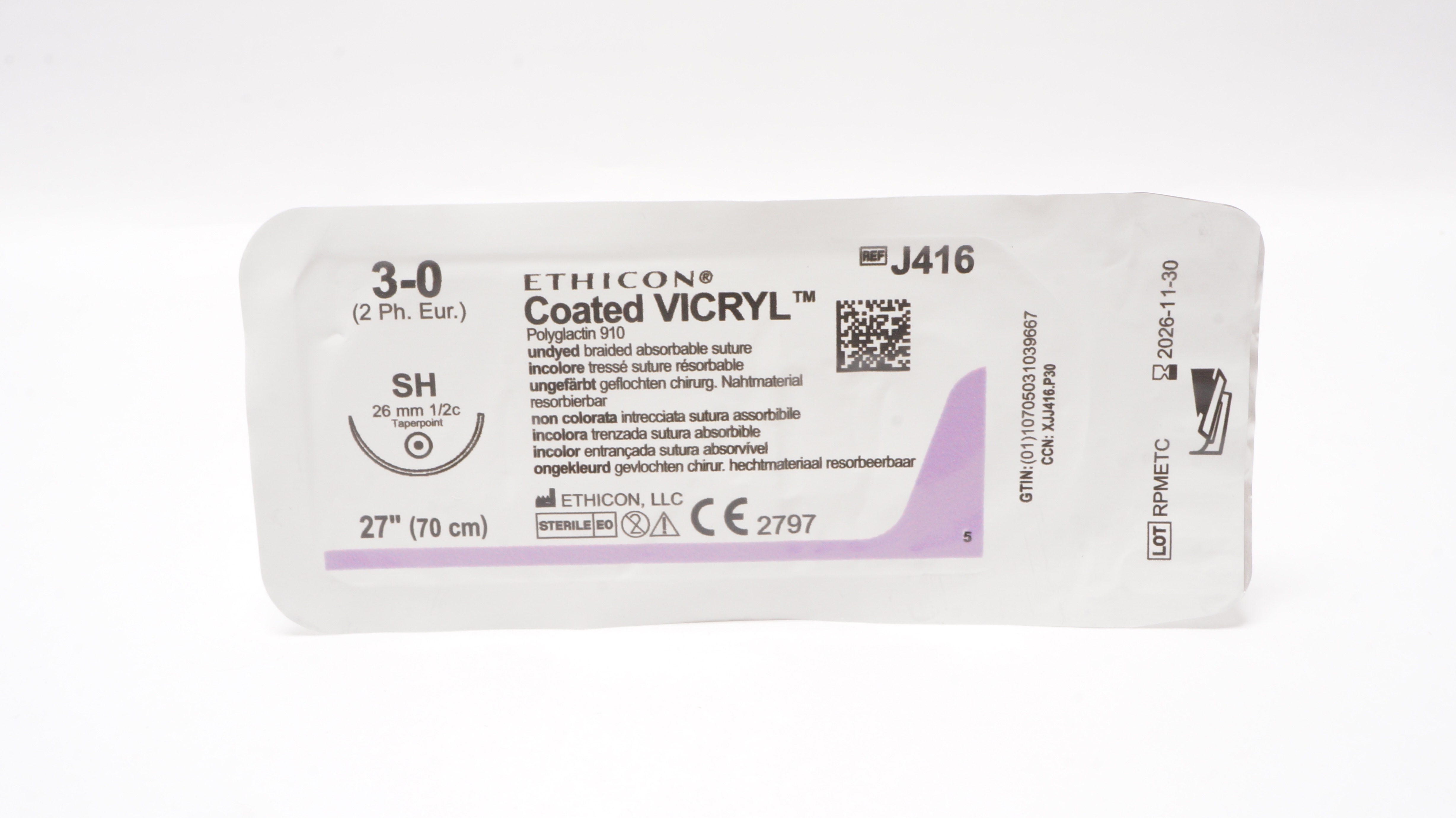 Ethicon J416 3-0 Coated VICRYL Polyglactin Stre SH 26mm 1/2c Taperpoint, 27inch