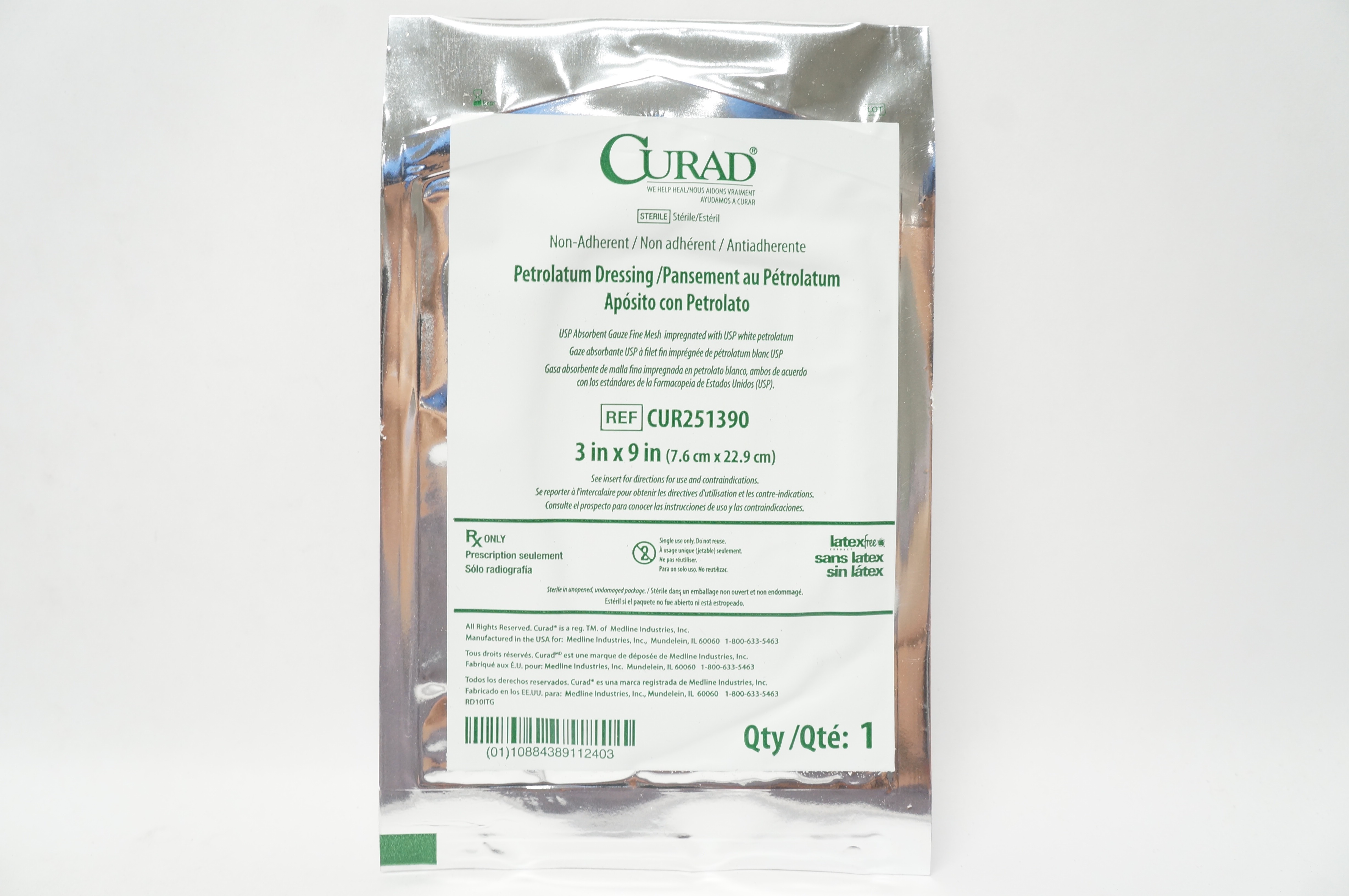 Medline CUR251390 Curad Non-Adherent Petrolatum Dressing 3inch x 9inch (x)