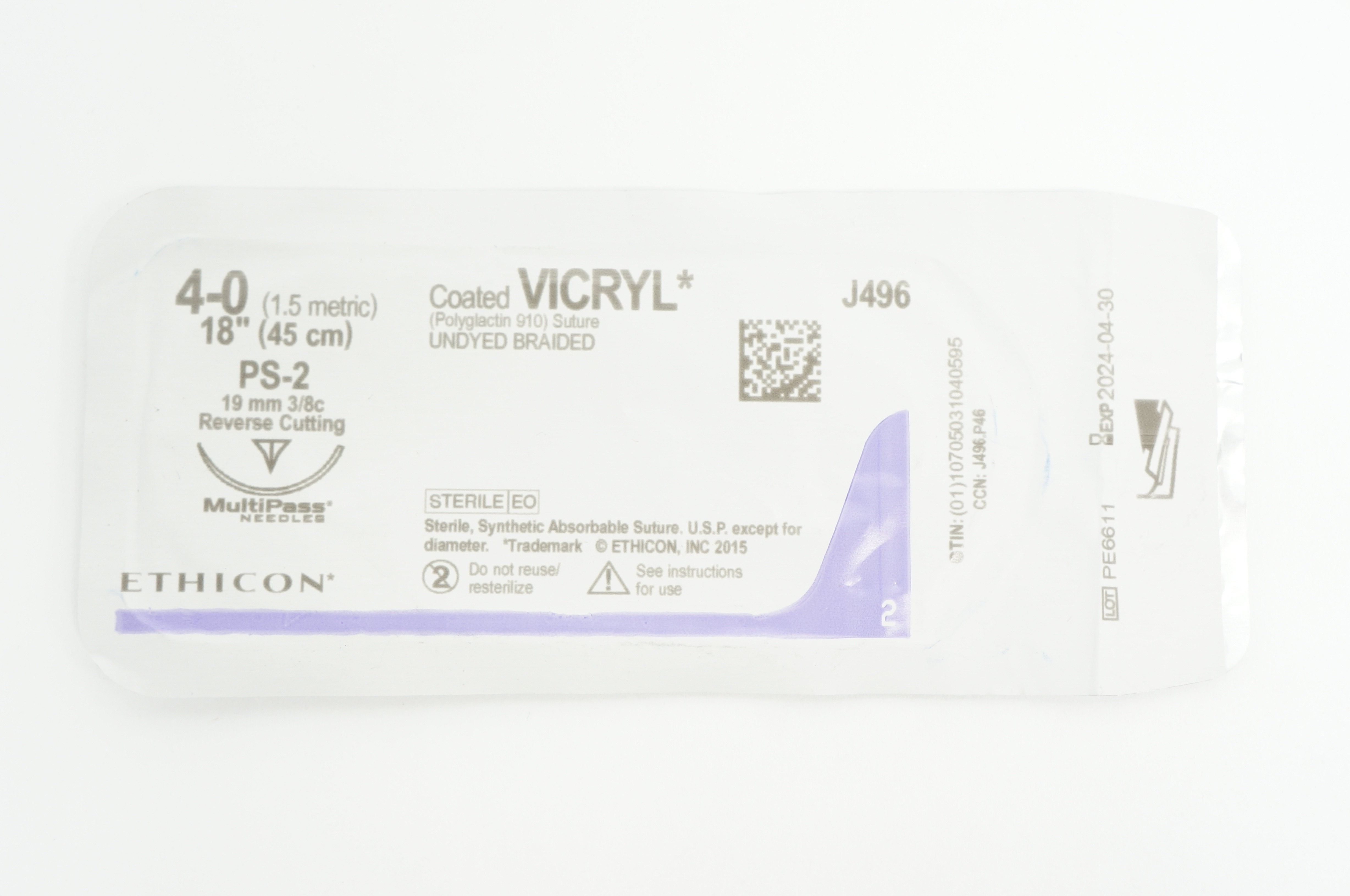 Ethicon J496 4-0 Coated VICRYL Stre PS-2 19mm 3/8c Reverse Cutting, 18inch