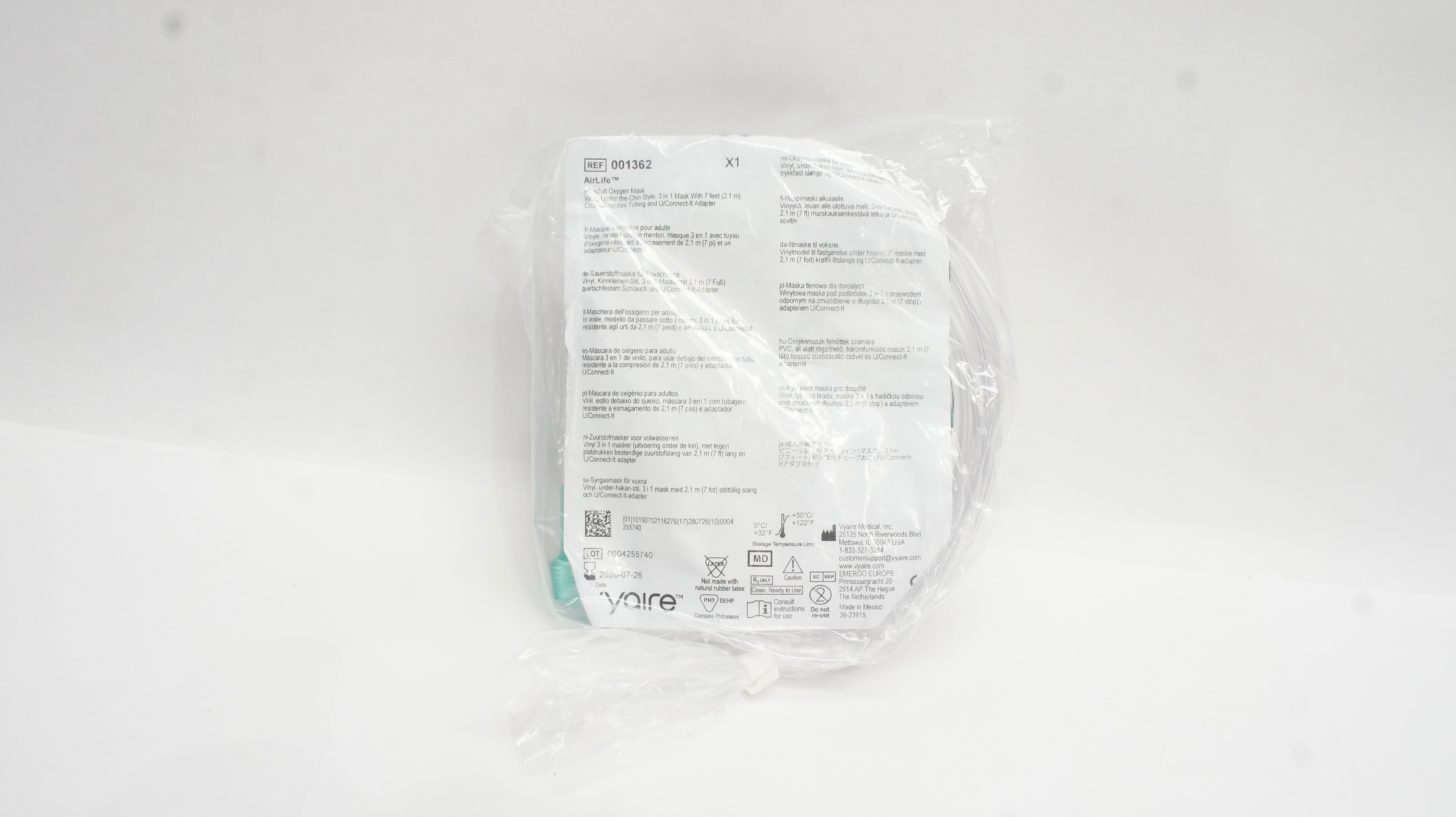 Vyaire 001362 AirLife Adult Oxygen Mask Vinyl w/7ft. Tubing & U/Connect Adapter