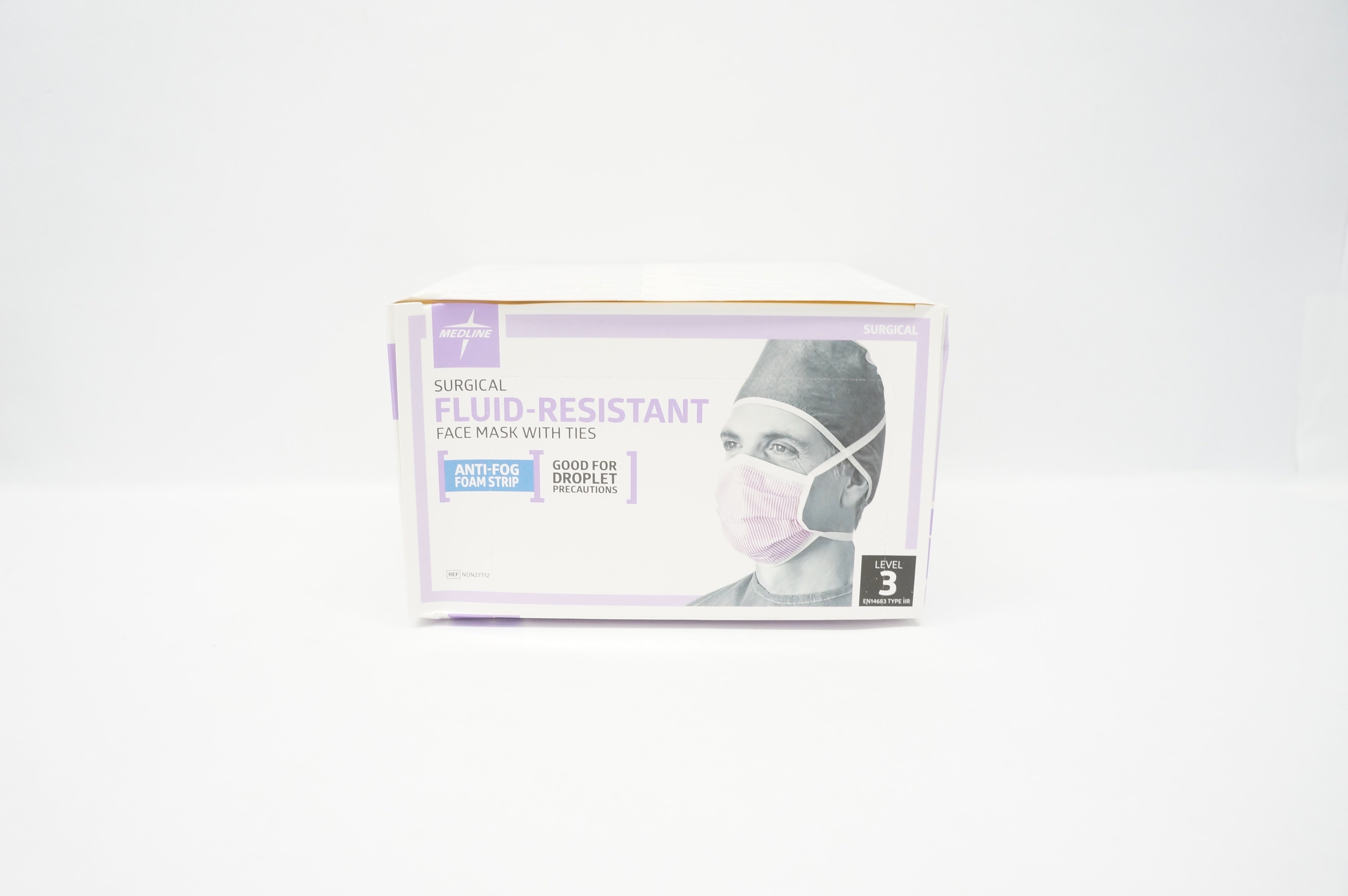 Medline NON27712 Surgical Fluid-Resistant Face Mask W/Ties Level 3 - Box of 50