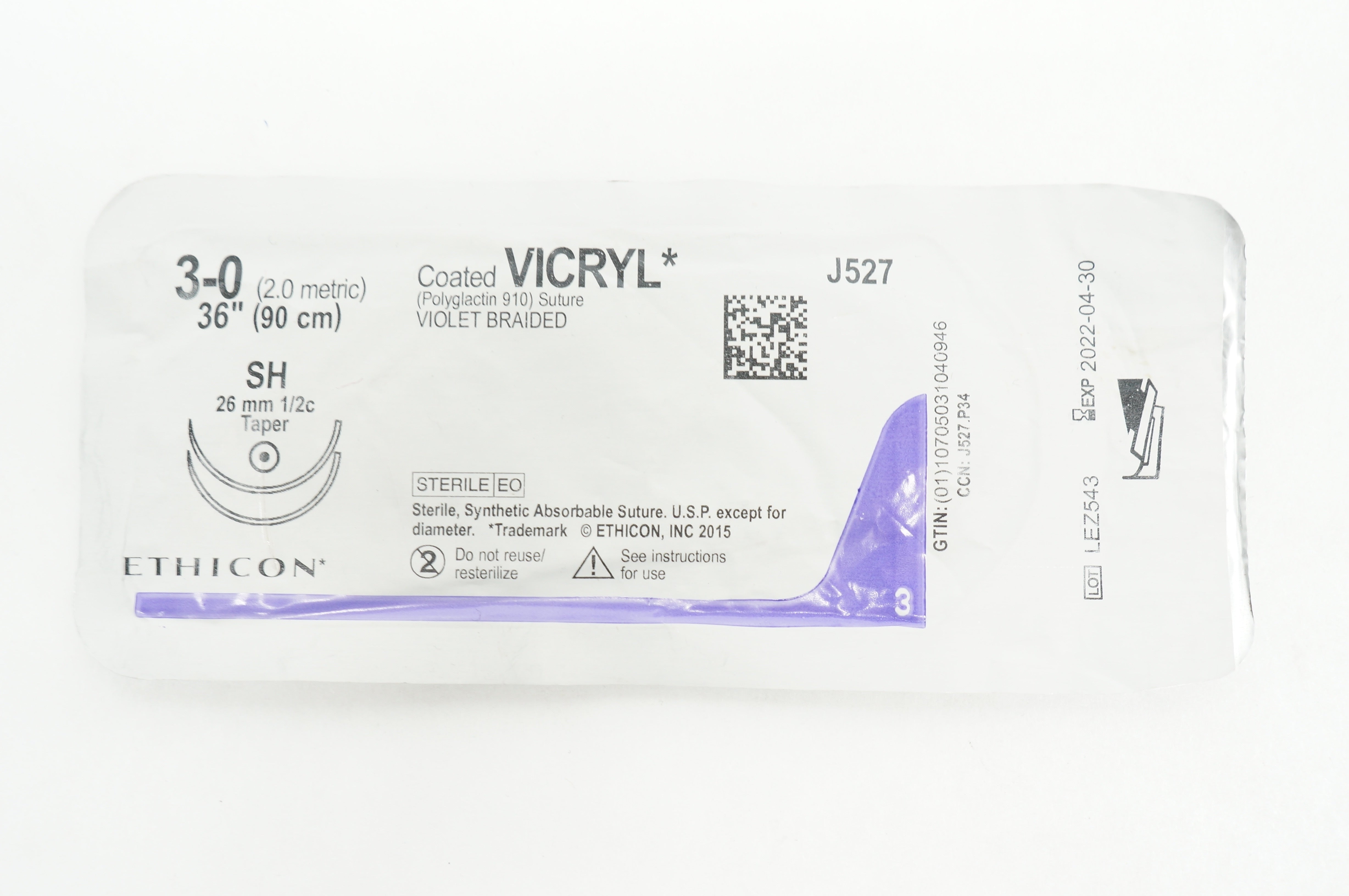Ethicon J527 3-0 VICRYL Stre, SH 26mm 1/2c Taper, 36inch