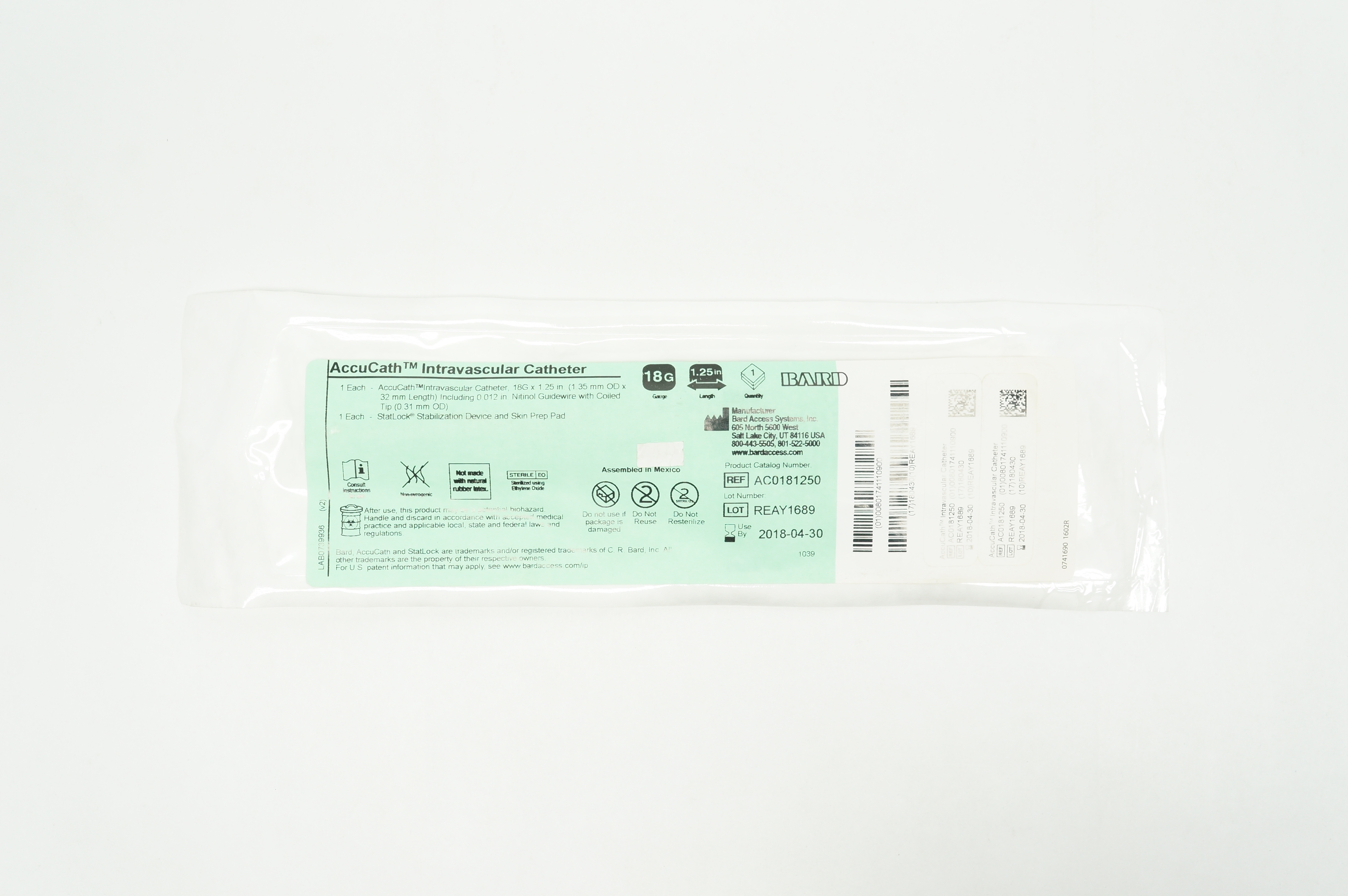 Bard AC0181250 AccuCath Intravascular Cath. 18G x 1.25 inch (x)