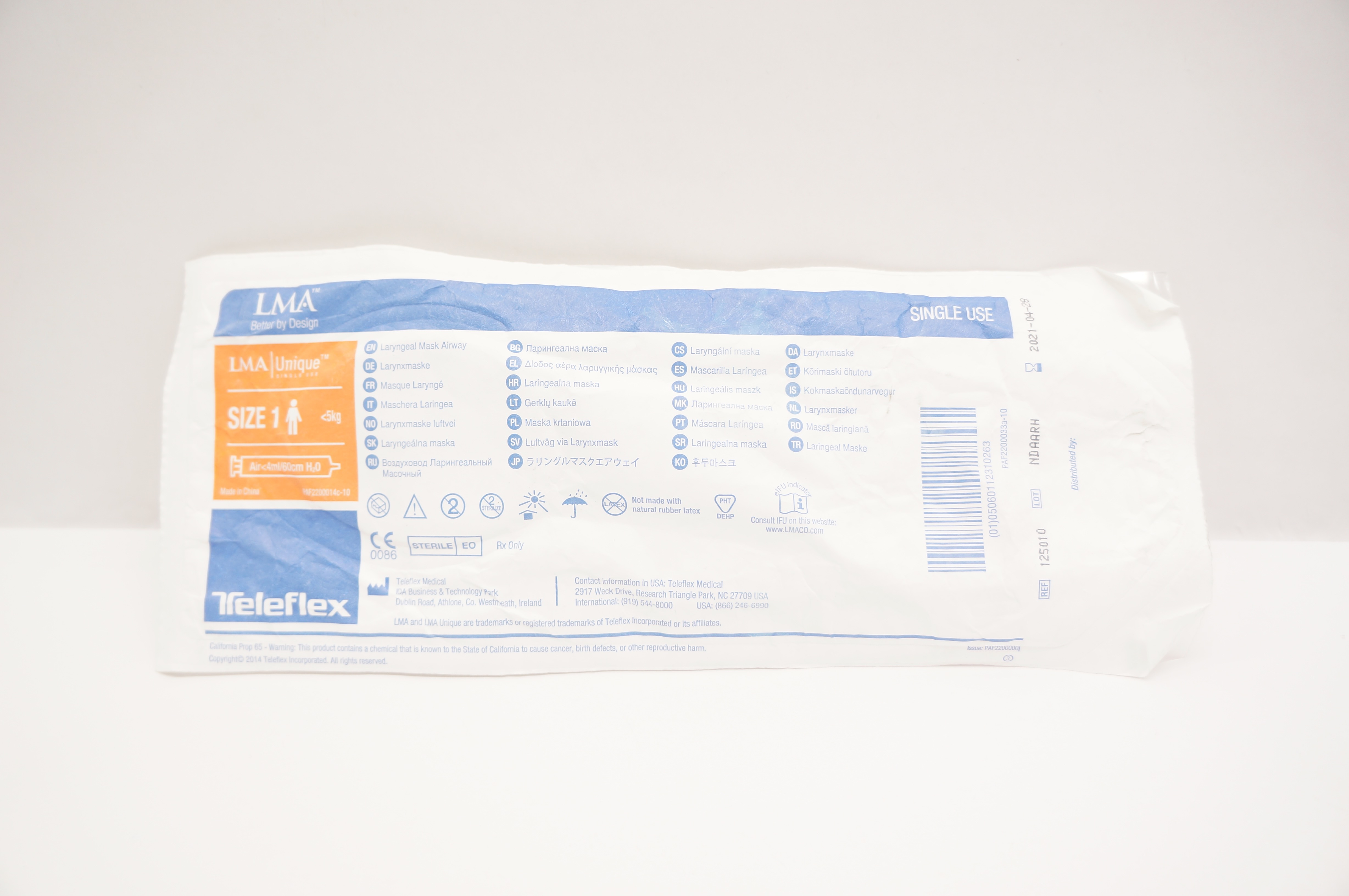 Teleflex 125010 LMA Unique Laryngeal Mask Airway, Size1 <5kg Air<4ml/60cm H2O(x)