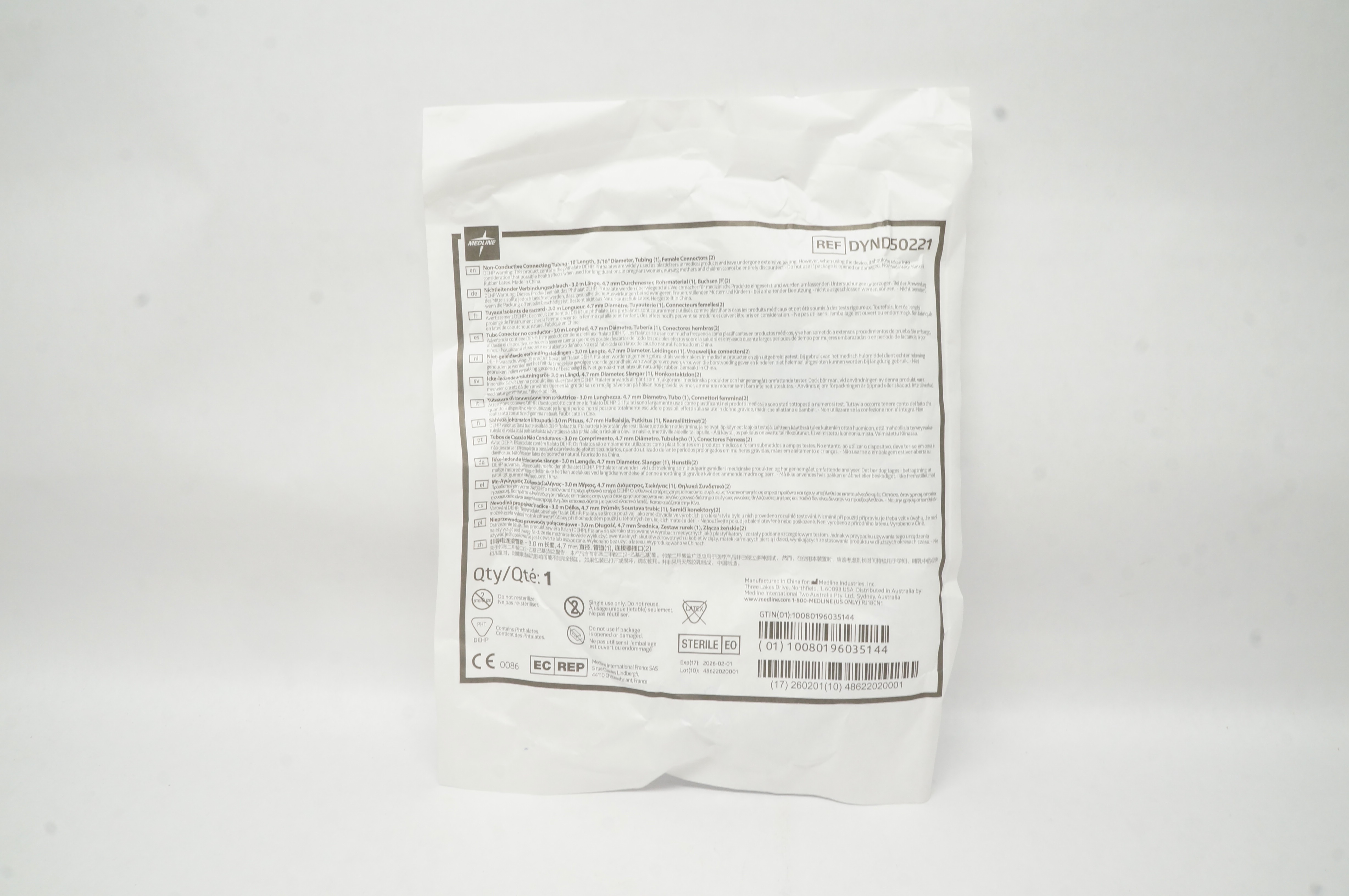 Medline DYND50221 Non-Conductive Connecting Tubing 10Ft Length Diam 3/16inch