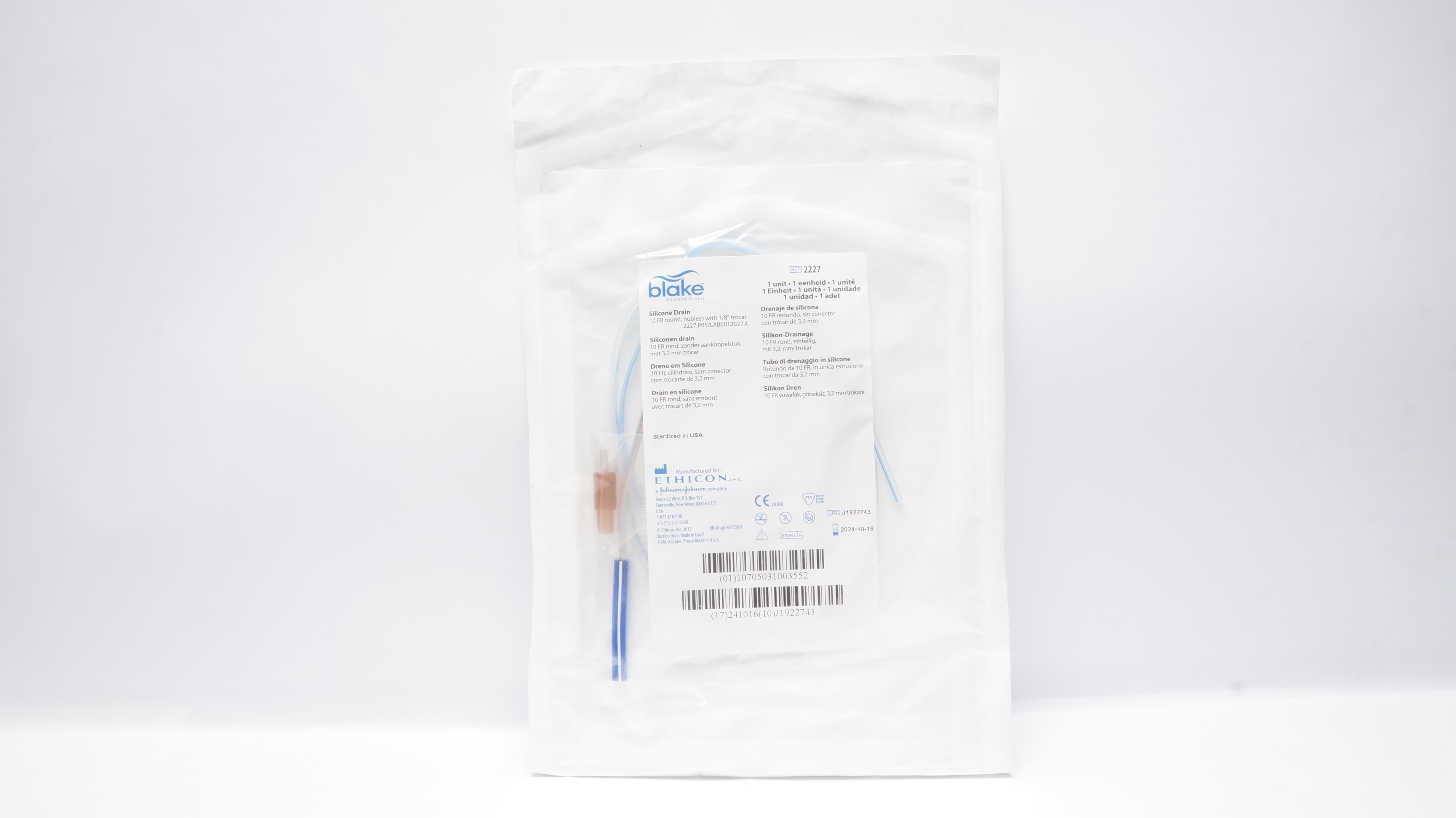 Ethicon 2227 Blake Silicone Drain10 Fr. Round Hubless W/1/8In Trocar