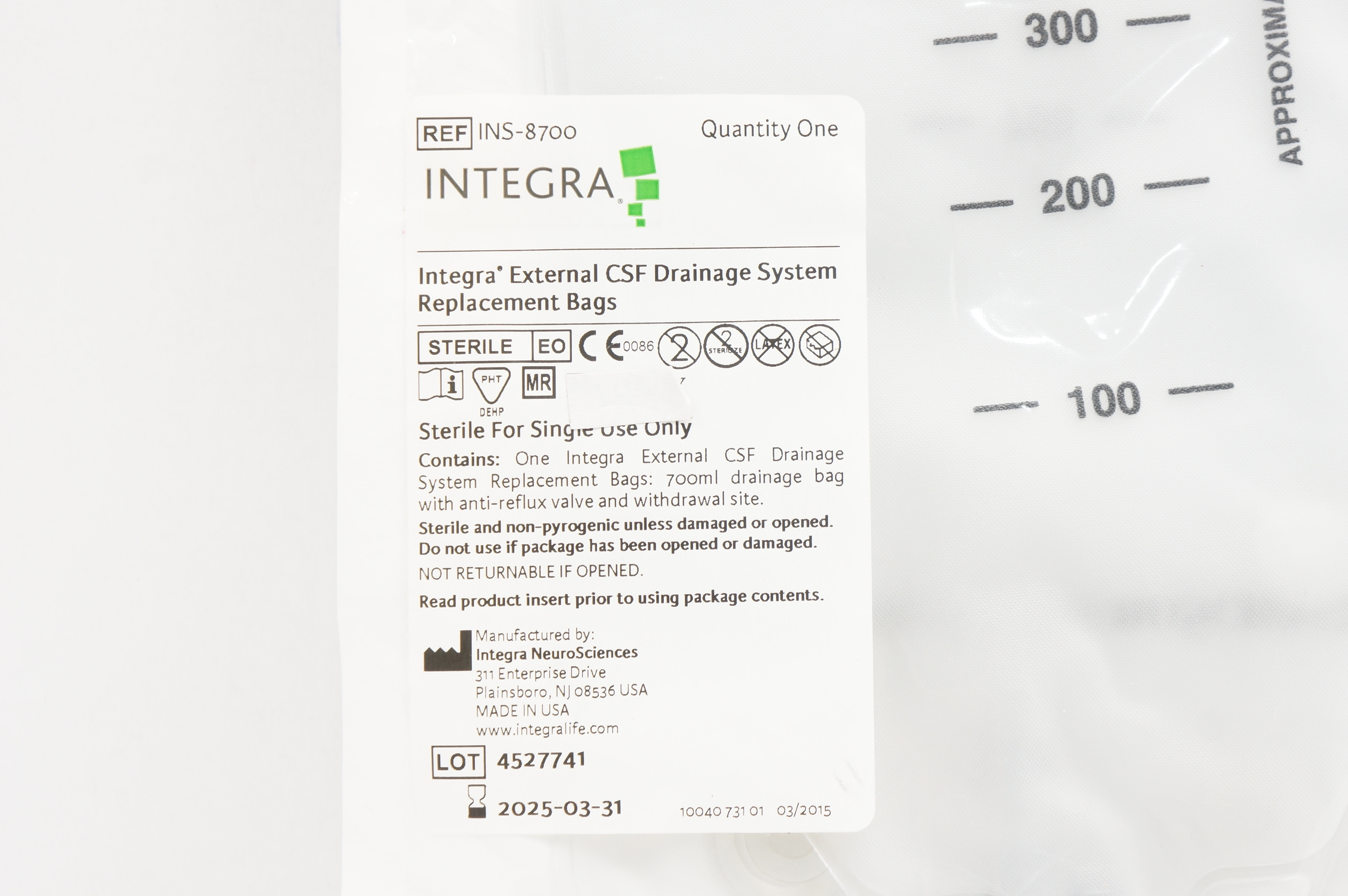 Integra INS-8700 External CSF Drainage System Replacement Bags 700ml