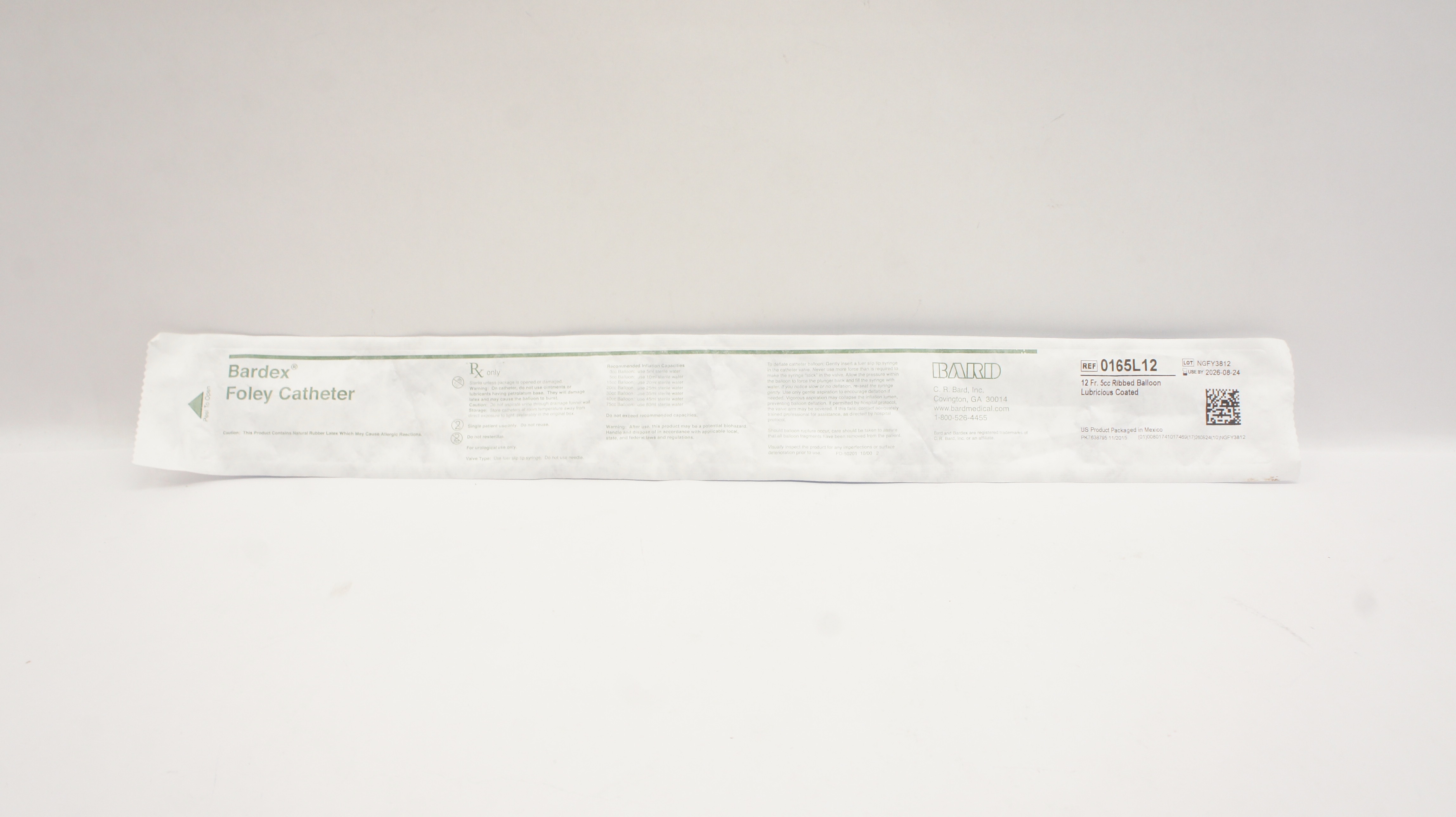 Bard 0165L12 Bardex Foley Cath. Ribbed Balloon Lubricious Coated 12Fr x 5cc