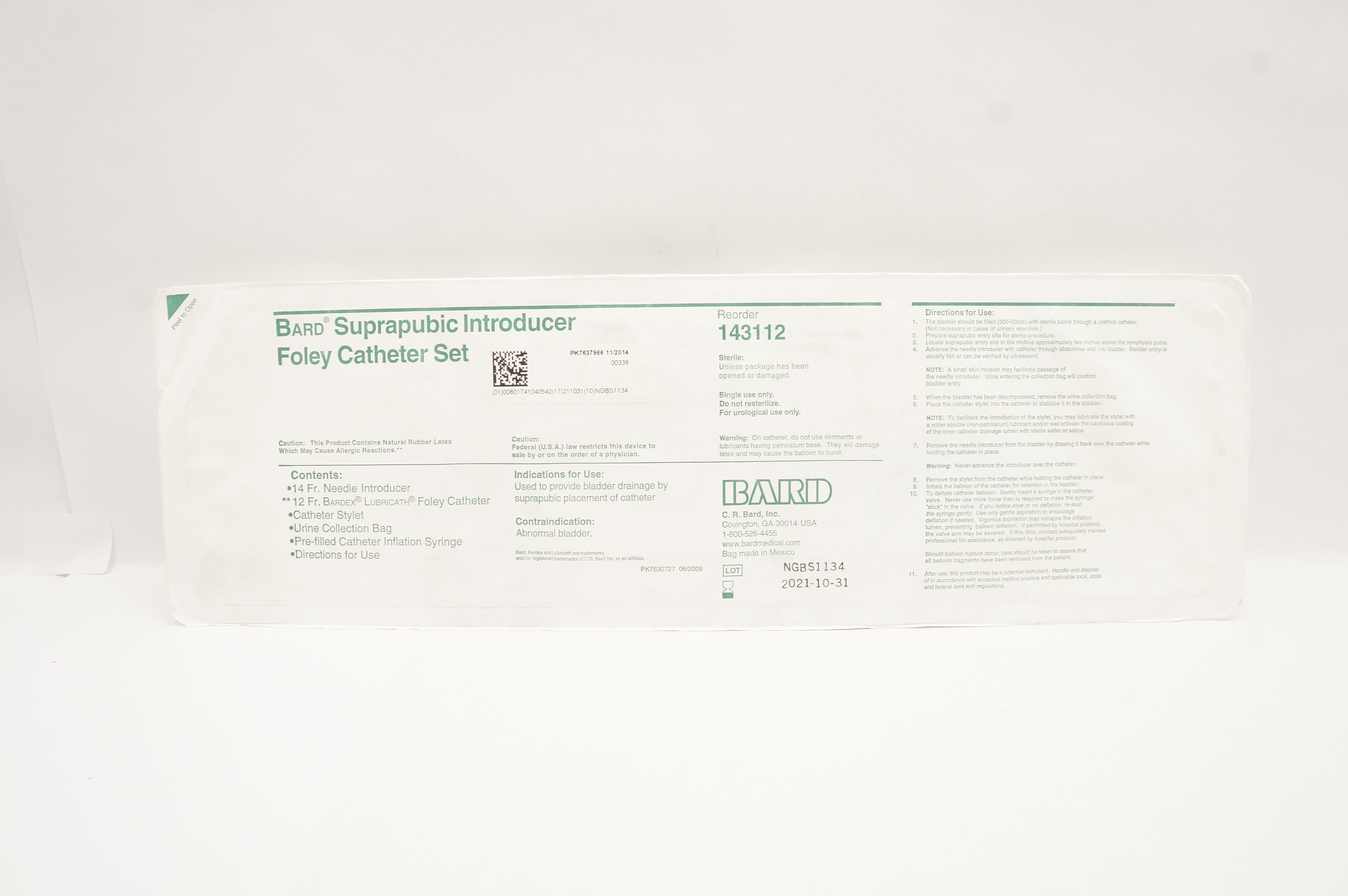 Bard 143112 Suprapubic Introducer Foley Cath. Set (x)